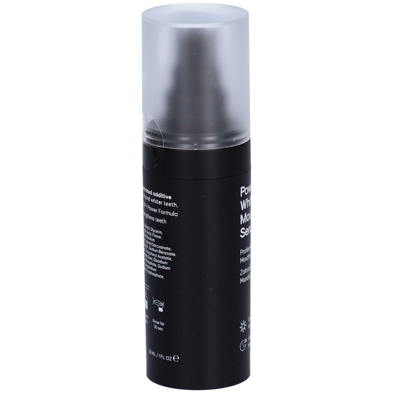 Schwarze Flasche mit transparentem Deckel. Aufschrift: Power Whitening Mouthwash Serum. Inhaltsstoffe und Anwendungshinweise.