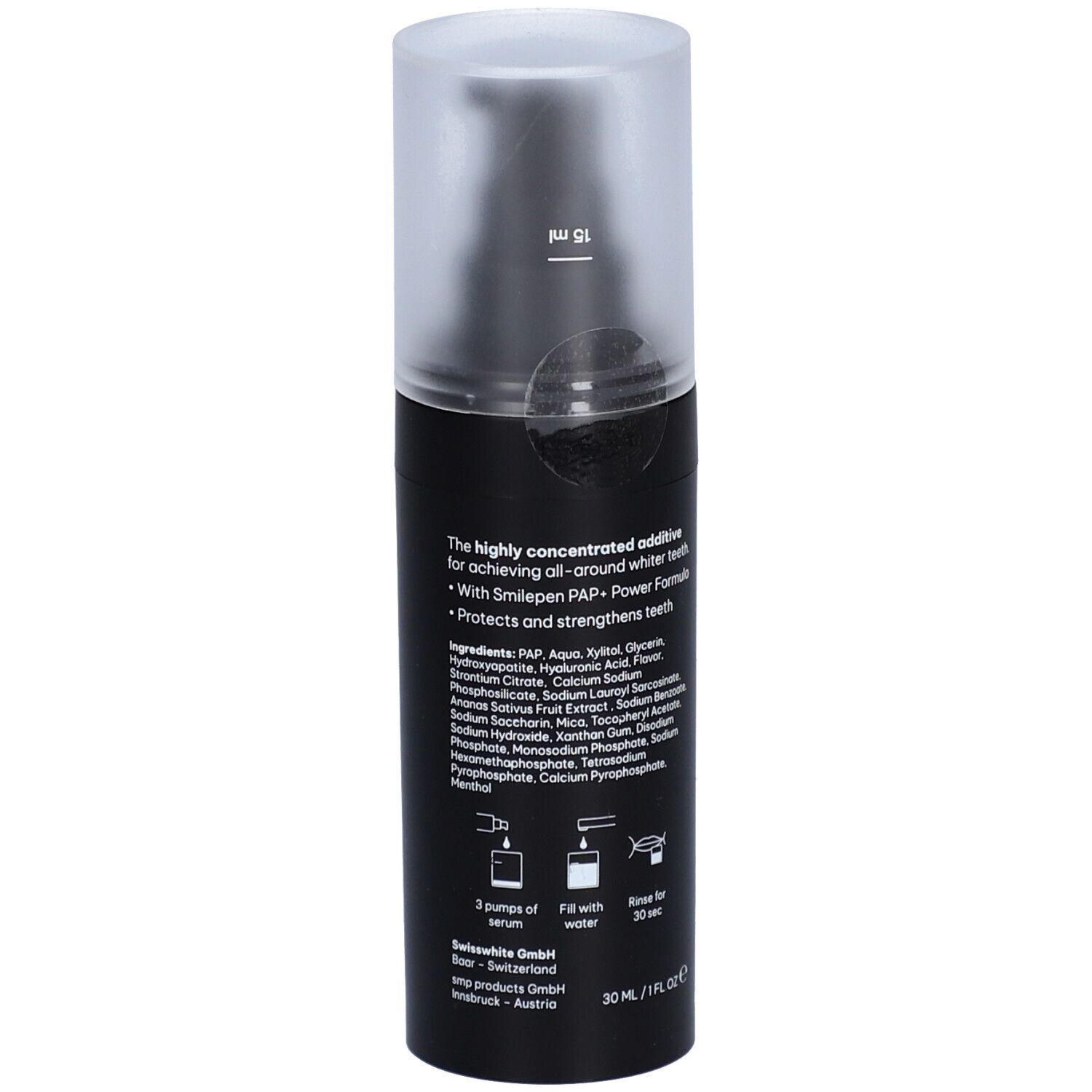 Schwarze Flasche mit transparentem Deckel. Aufschrift: Inhaltsstoffe und Anwendungshinweise. 30 ml/1 fl oz.