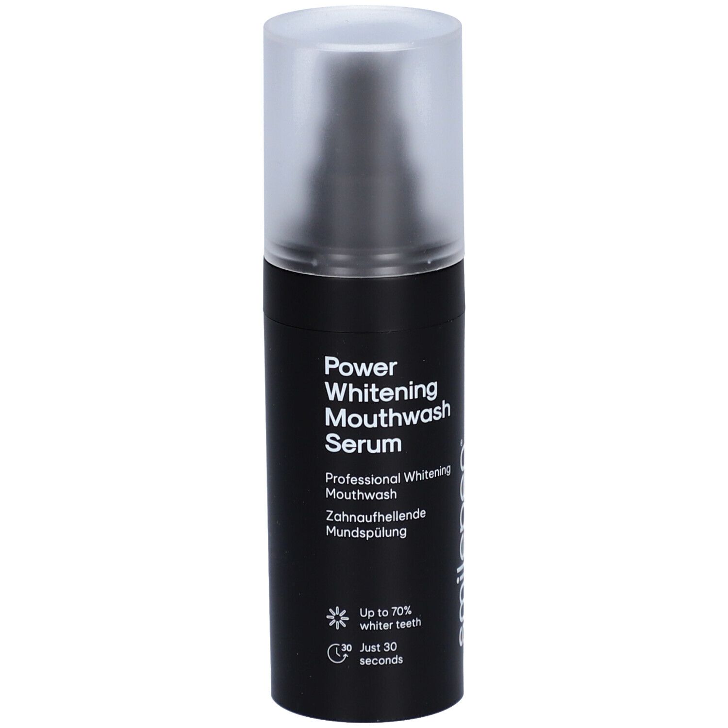 Schwarze Flasche mit transparentem Deckel. Beschriftung: Power Whitening Mouthwash Serum, smilepen. Bis zu 70% hellere Zähne.