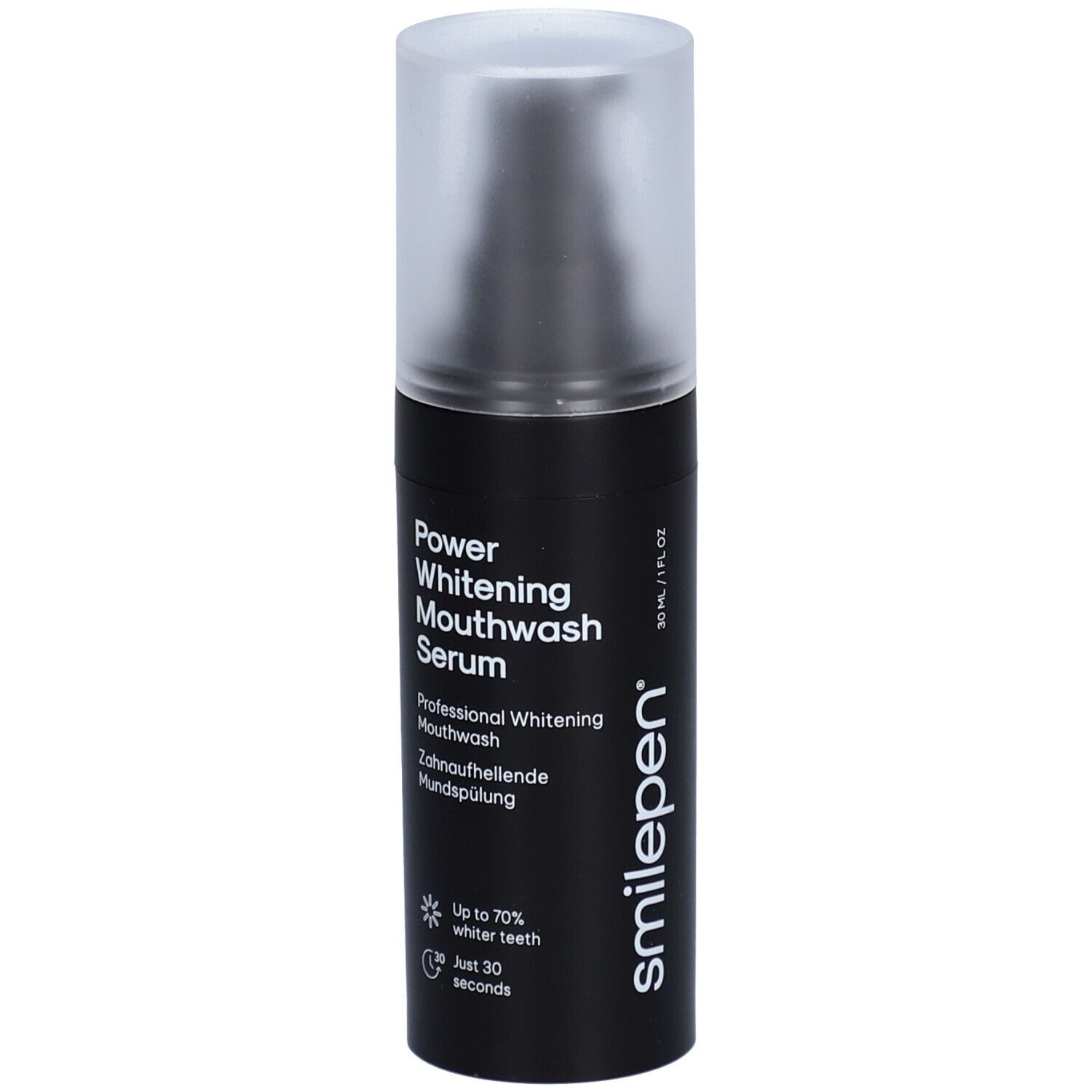 Schwarze Flasche mit transparentem Deckel. Beschriftung: Power Whitening Mouthwash Serum, smilepen. 30 ml/1 fl oz.