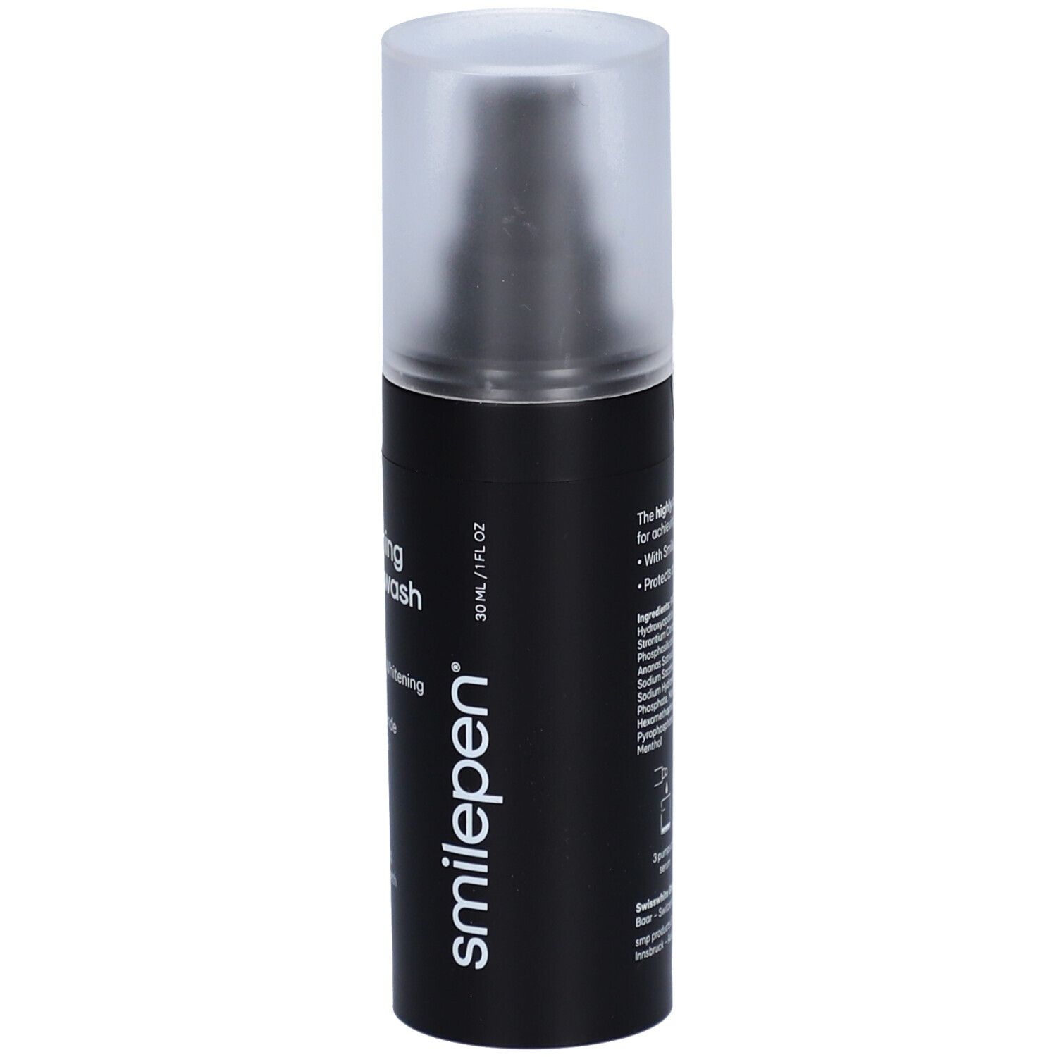 Schwarze Flasche mit transparentem Deckel. Beschriftung: Power Whitening Mouthwash Serum, smilepen. 30 ml/1 fl oz.