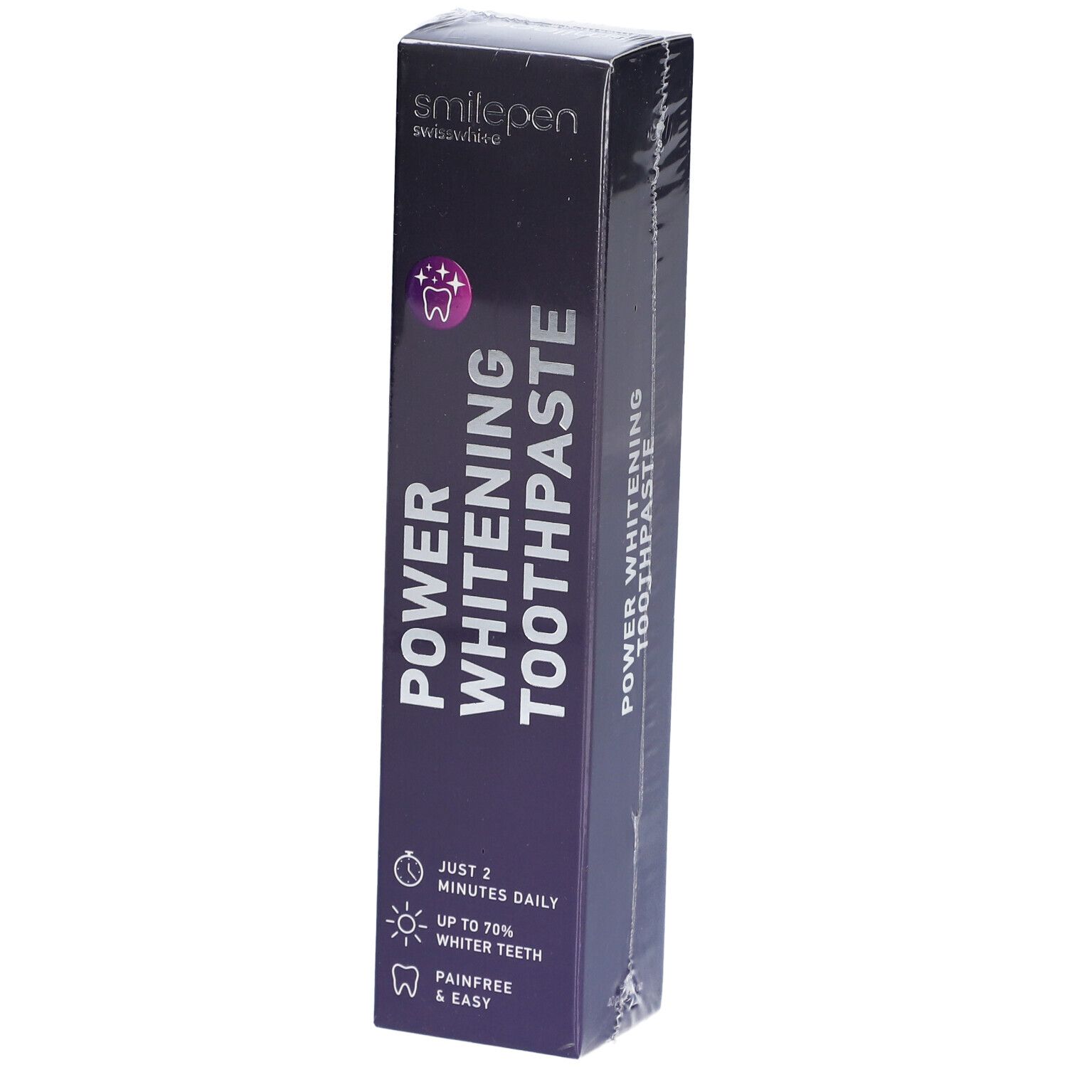 Verpackung von SMILEPEN Power Whitening Zahnpasta. Schwarze Schachtel mit Produktnamen und Logo. Kunststoffverpackung.
