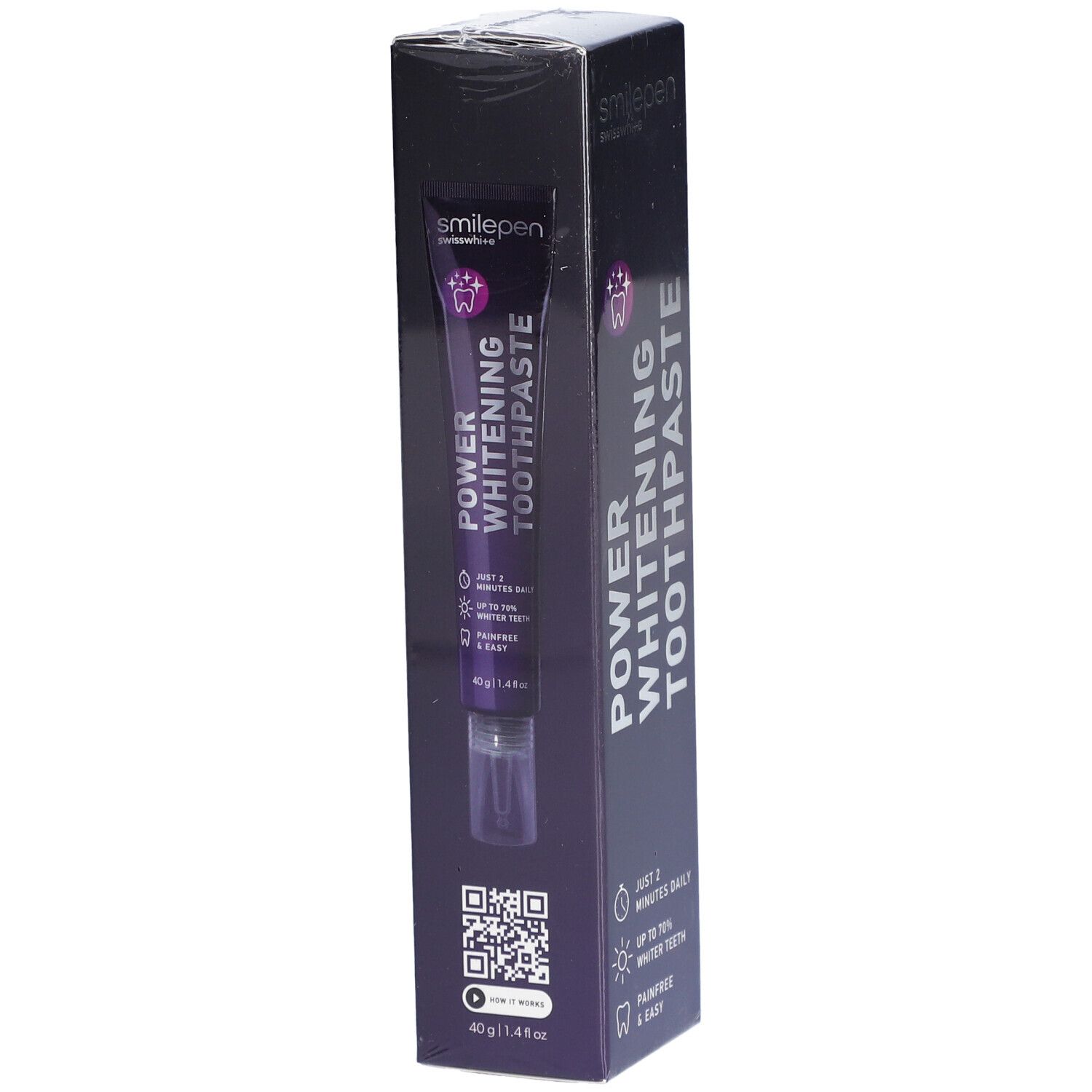 SMILEPEN Power Whitening Zahnpasta in Verpackung. Tube sichtbar. Schwarze Schachtel mit Produktinformationen und QR-Code.