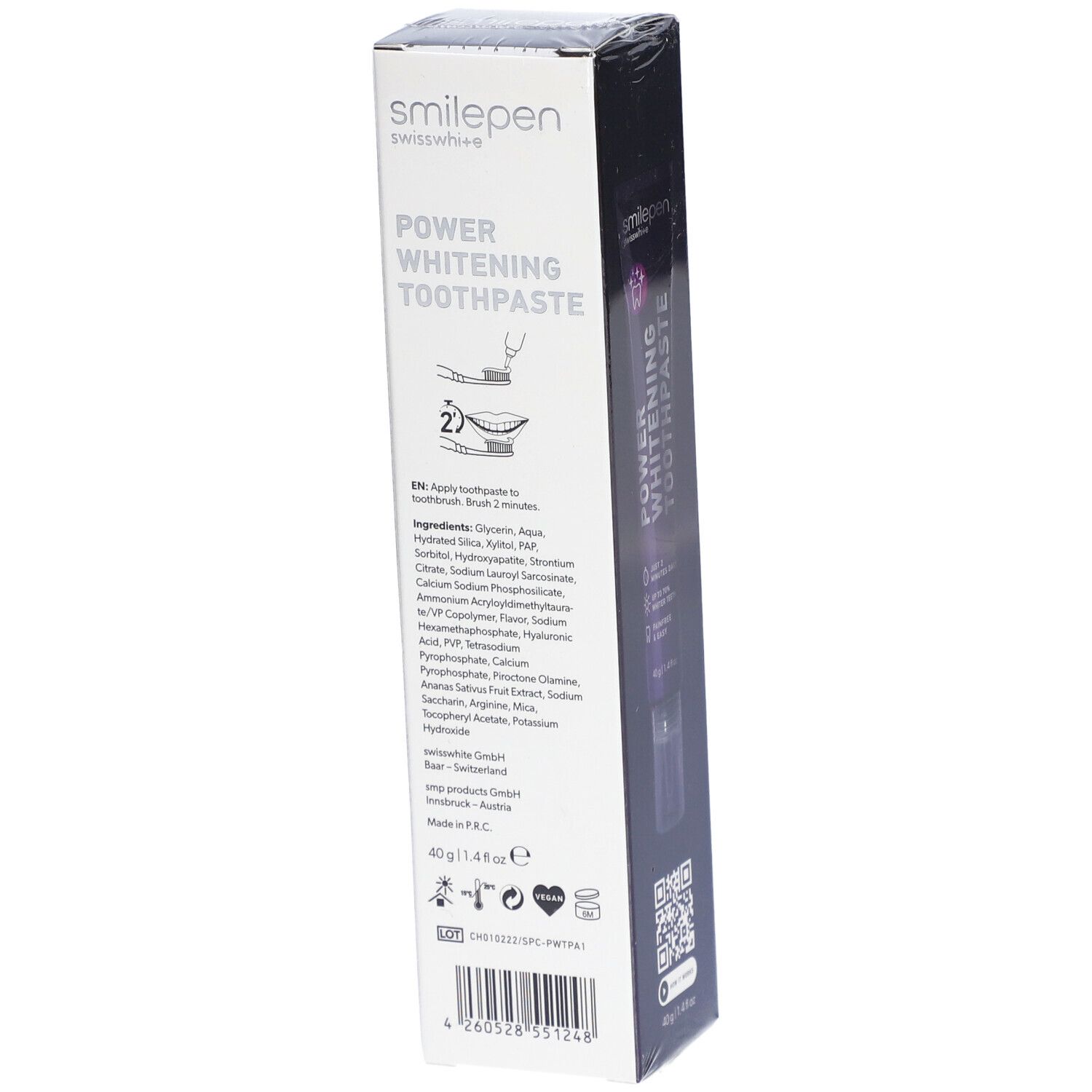 Rückseite der Verpackung von SMILEPEN Power Whitening Zahnpasta. Inhaltsstoffe, Anwendungshinweise und Herstellerinformationen.
