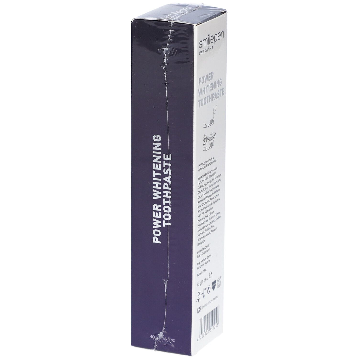 Seite der Verpackung von SMILEPEN Power Whitening Zahnpasta. Produktname und Logo. Weiße Schrift auf dunklem Hintergrund.