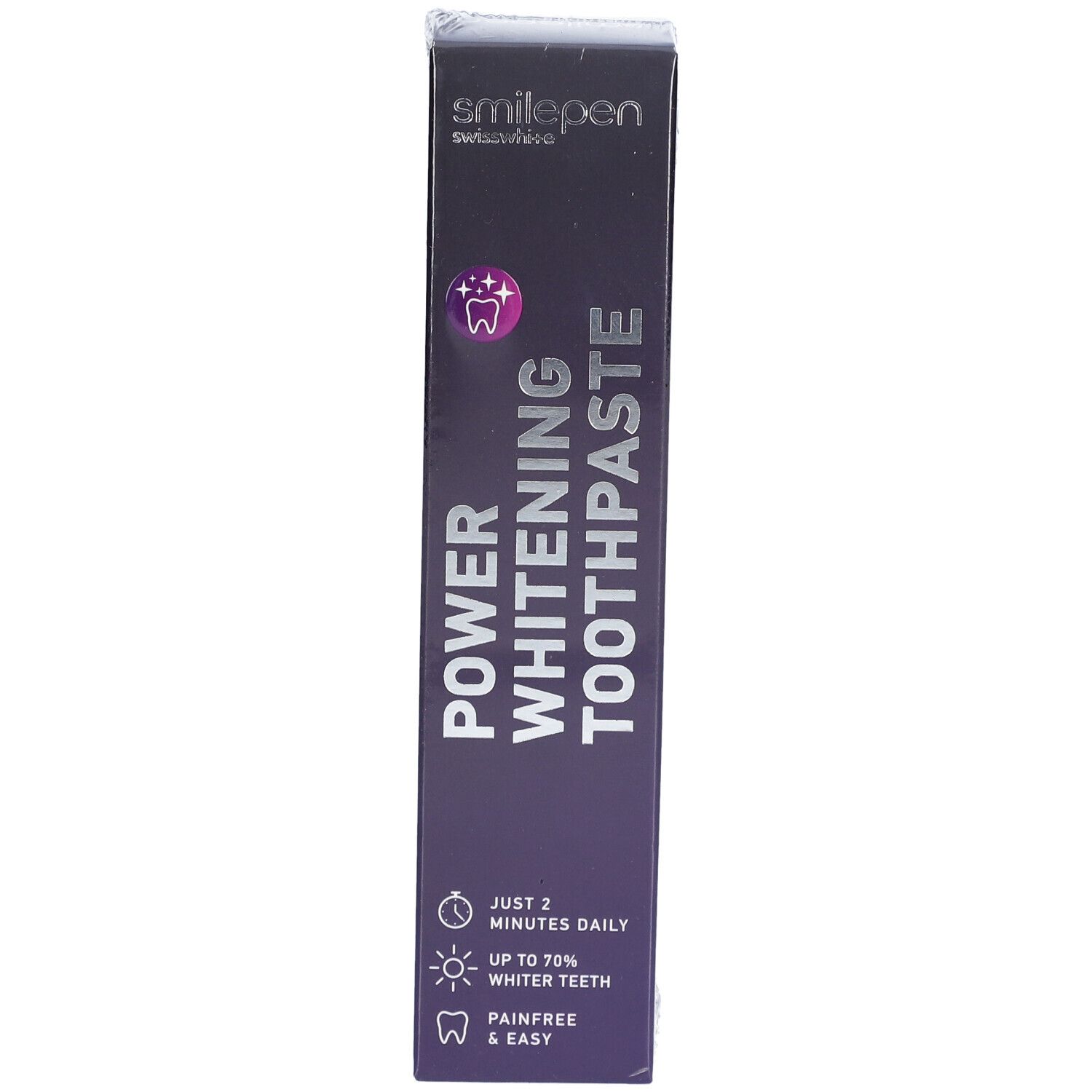 Vorderseite der Verpackung von SMILEPEN Power Whitening Zahnpasta. Produktname, Logo und kurze Produktmerkmale.