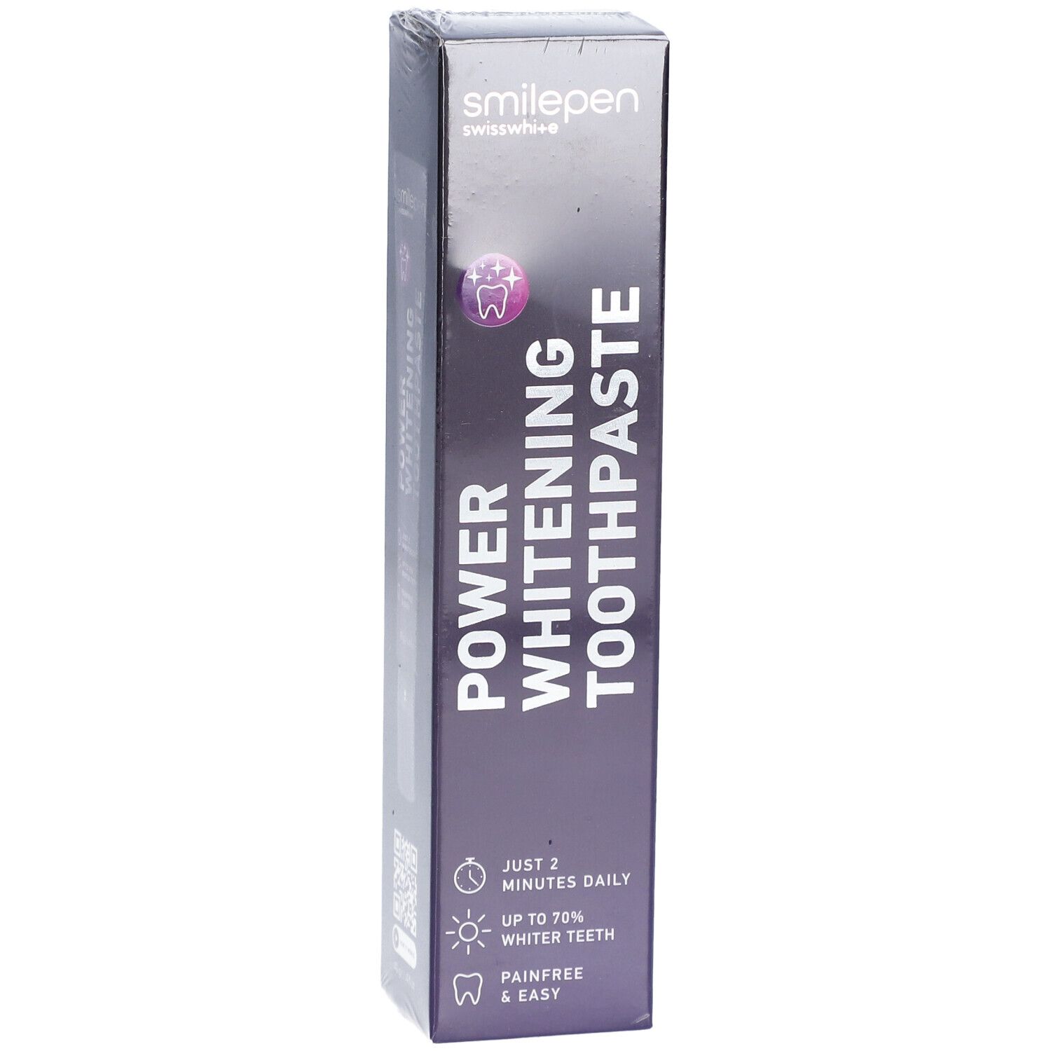 Vorderseite der Verpackung von SMILEPEN Power Whitening Zahnpasta. Produktname, Logo und kurze Produktmerkmale.