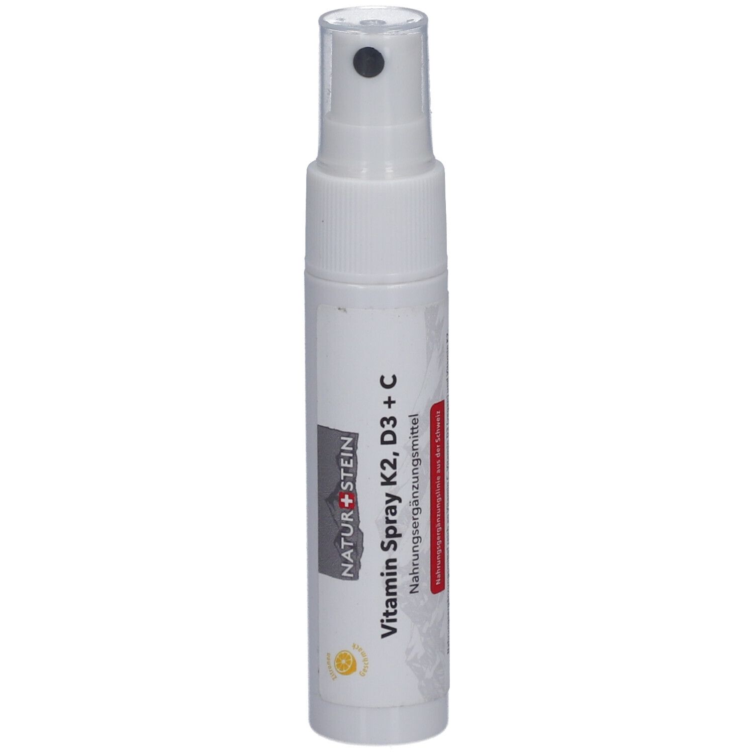 Flacon spray blanc avec inscription NATURSTEIN Vitamin Spray K2, D3 + C. Tête de pulvérisation transparente. Bande rouge avec texte.