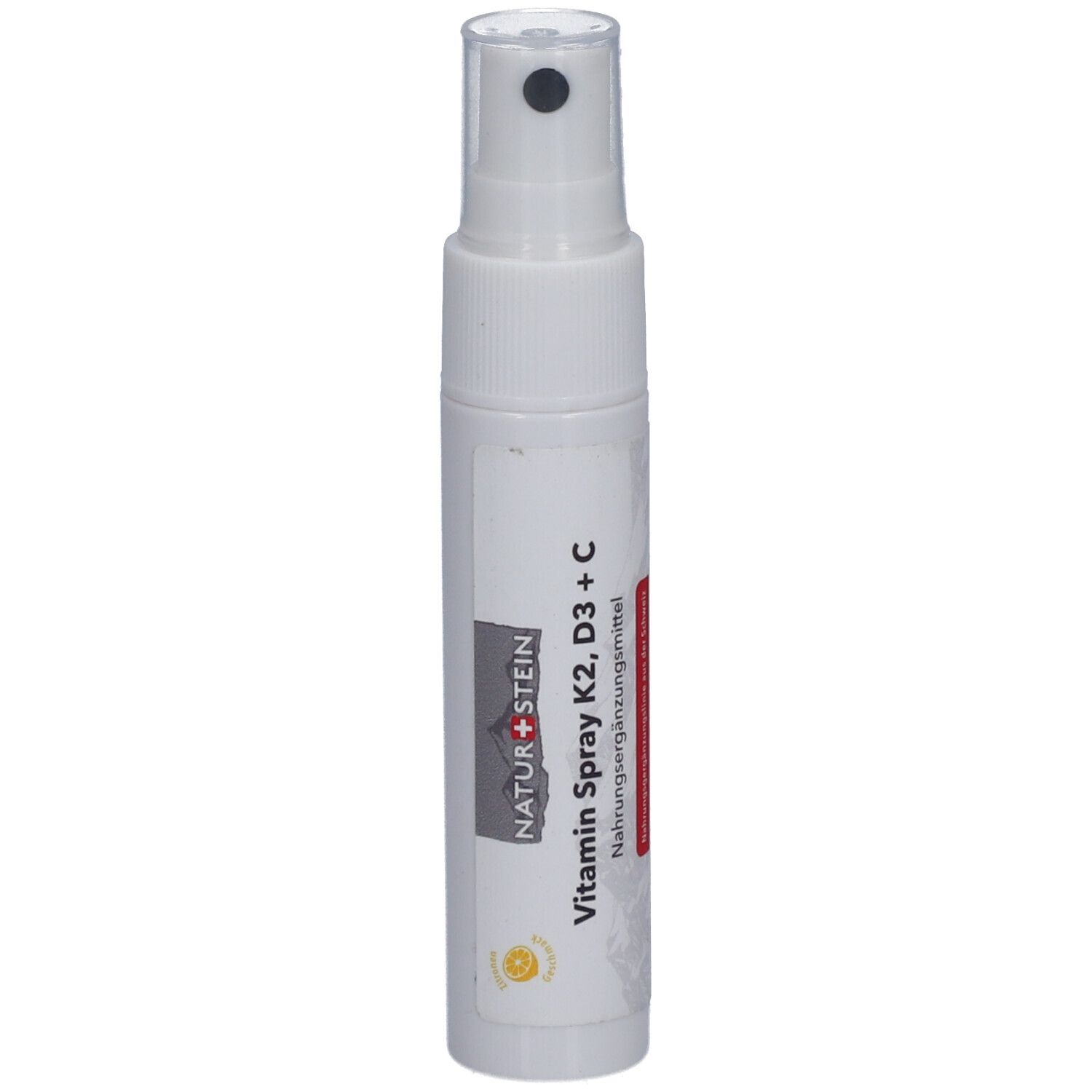 Flacon spray blanc avec inscription NATURSTEIN Vitamin Spray K2, D3 + C. Tête de pulvérisation transparente. Bande rouge avec texte.