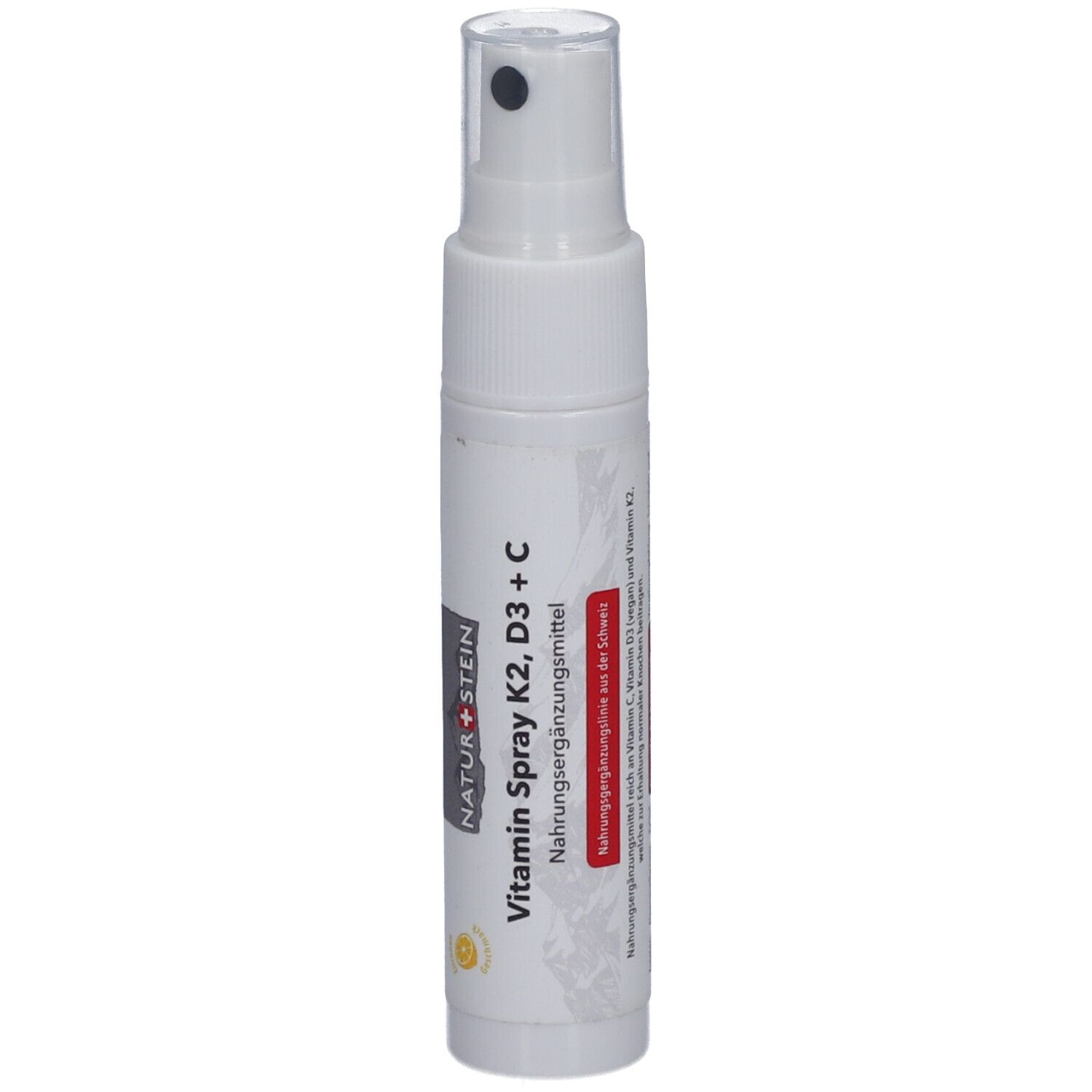 Flacon spray blanc avec inscription NATURSTEIN Vitamin Spray K2, D3 + C. Tête de pulvérisation transparente. Bande rouge avec texte.