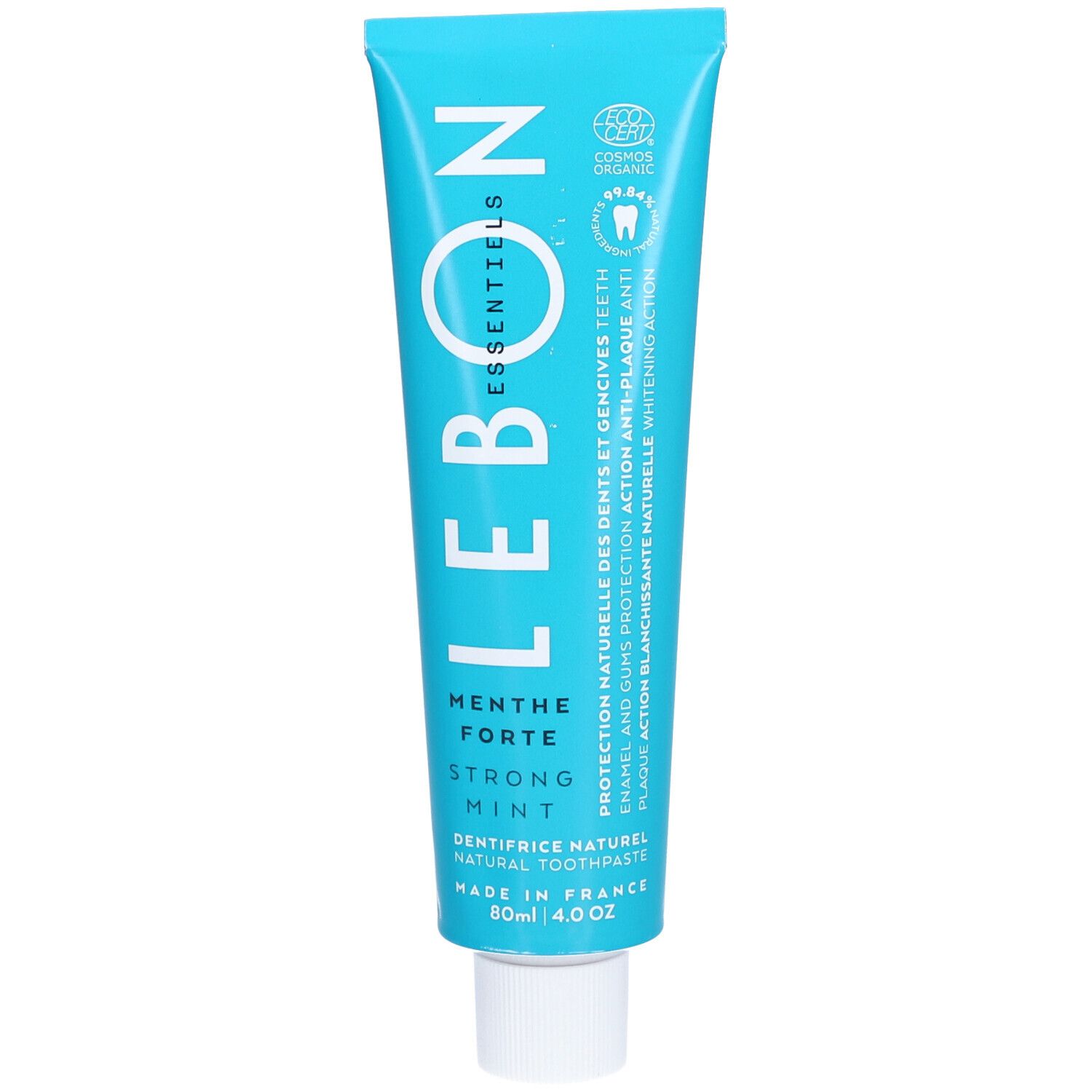 Türkisfarbene Zahnpastatube mit weißer Schrift. Aufschrift: LEBON ESSENTIELS, Menthe Forte, Strong Mint. Bio-Zertifizierung.