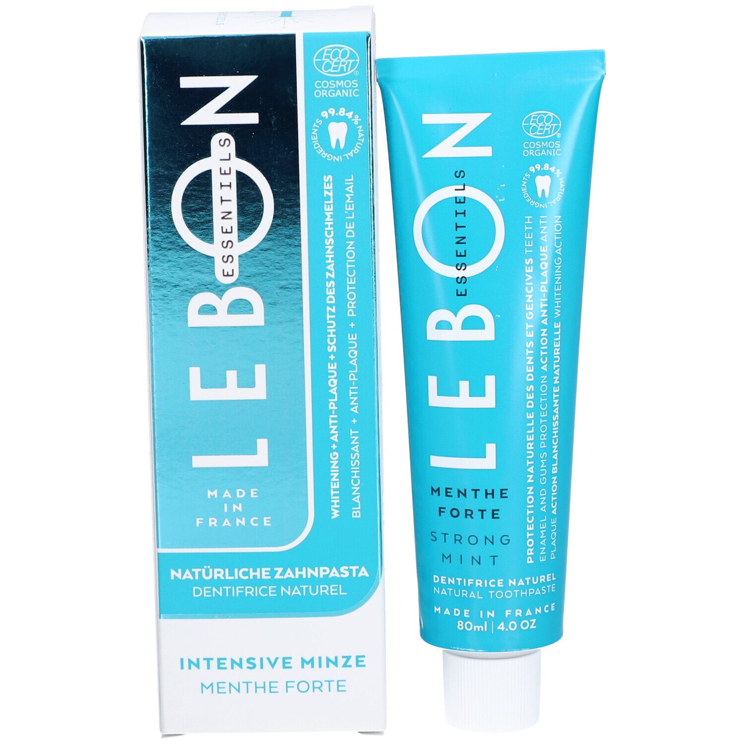 Zahnpasta-Tube und Schachtel nebeneinander. Aufschrift: LEBON ESSENTIELS, Intensive Minze. Bio-Zertifizierung. Hergestellt in Frankreich.