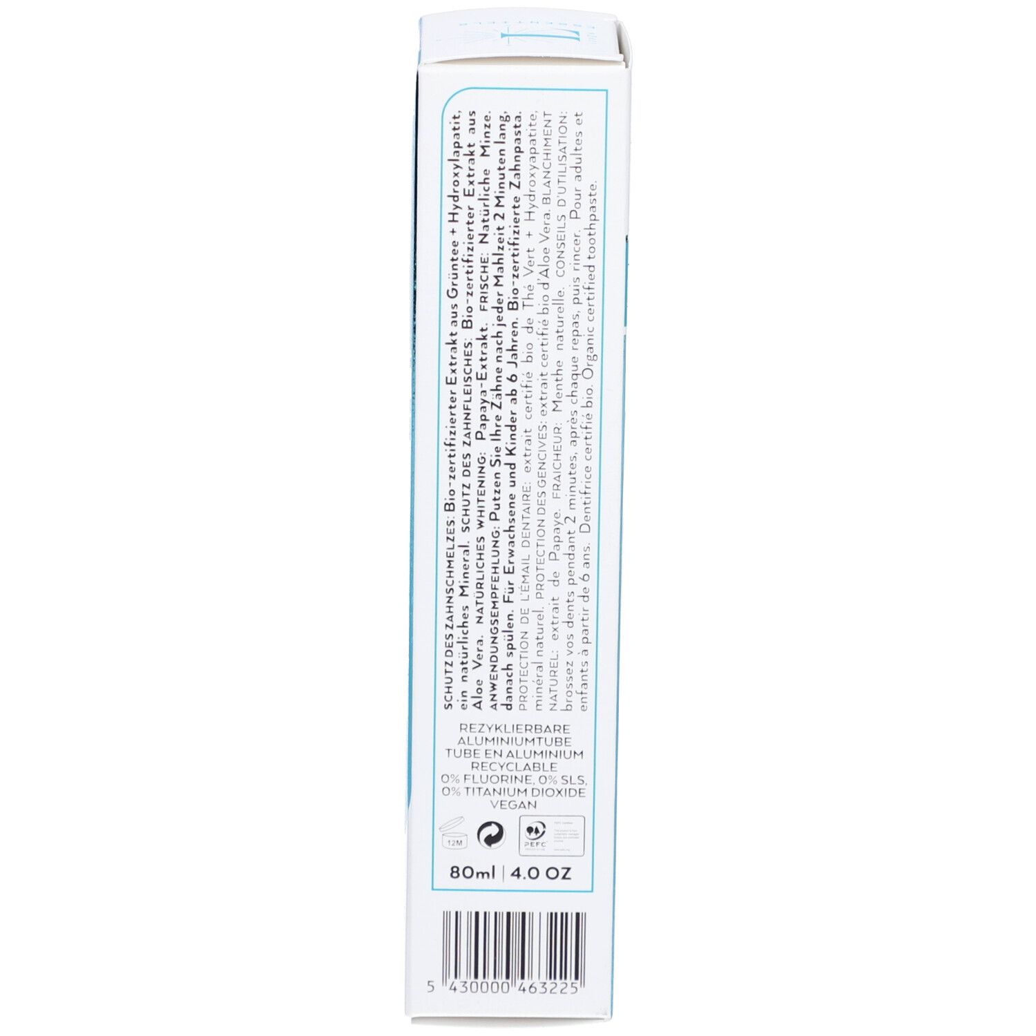 Rückseite der Zahnpasta-Schachtel. Informationen zur Anwendung und Inhaltsstoffe. Recycling-Hinweis. 80ml.