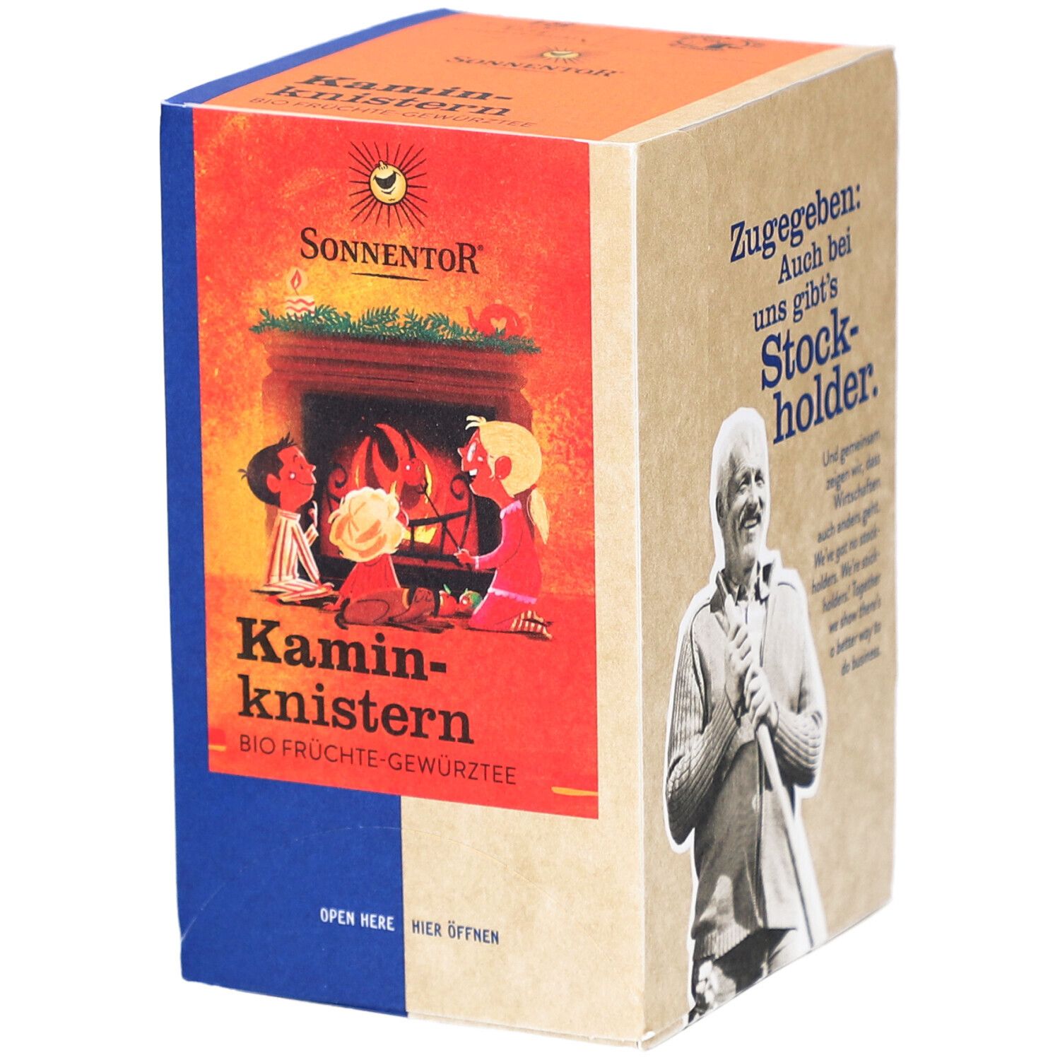 Karton mit Sonnentor Kaminknistern Früchtetee. Vorderseite: Kinder am Kamin. Logo und Produktname.