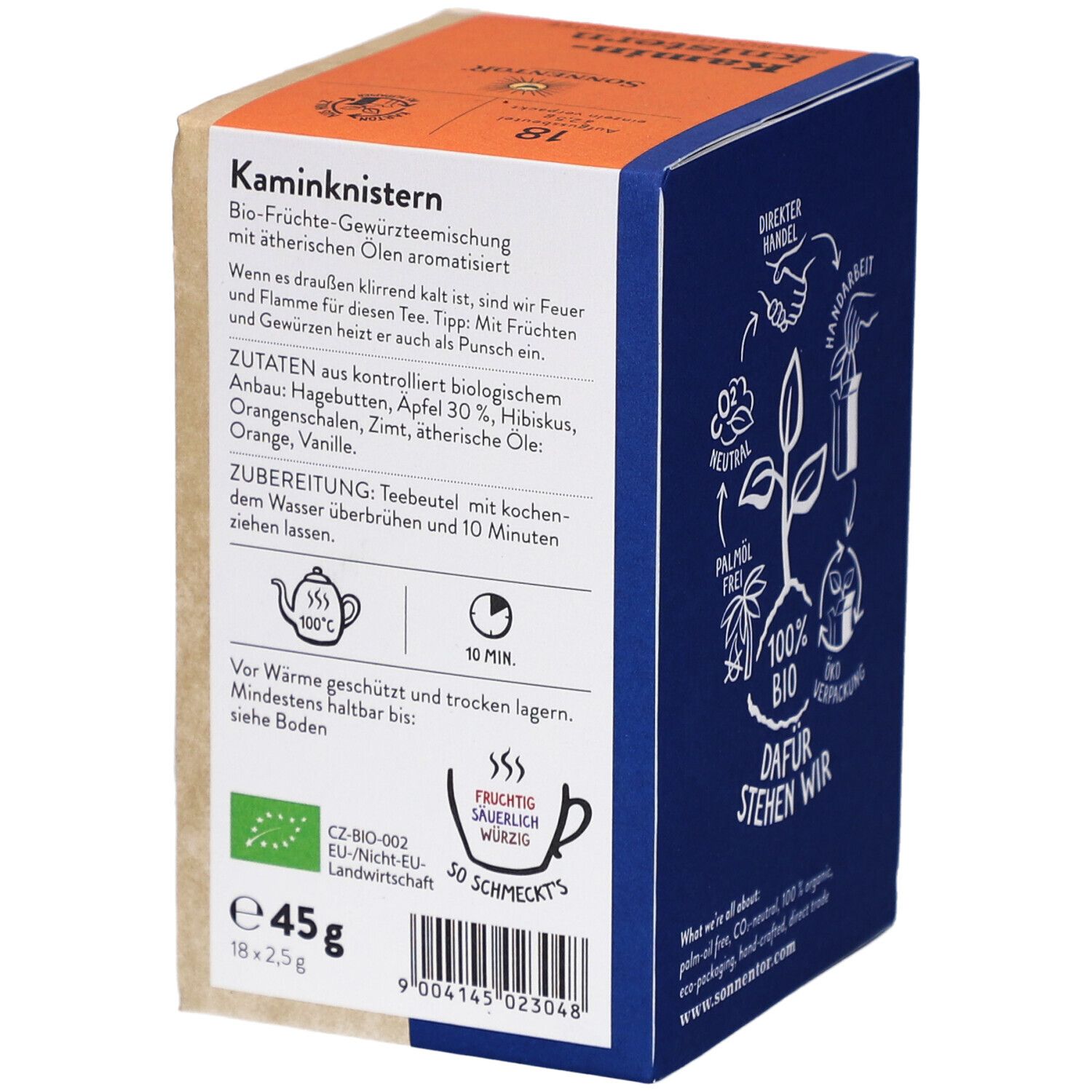 Rückseite der Teebox mit Zutaten, Zubereitungshinweisen und Bio-Siegel. 45g, 18x2.5g. Fruchtig-süßlich. 