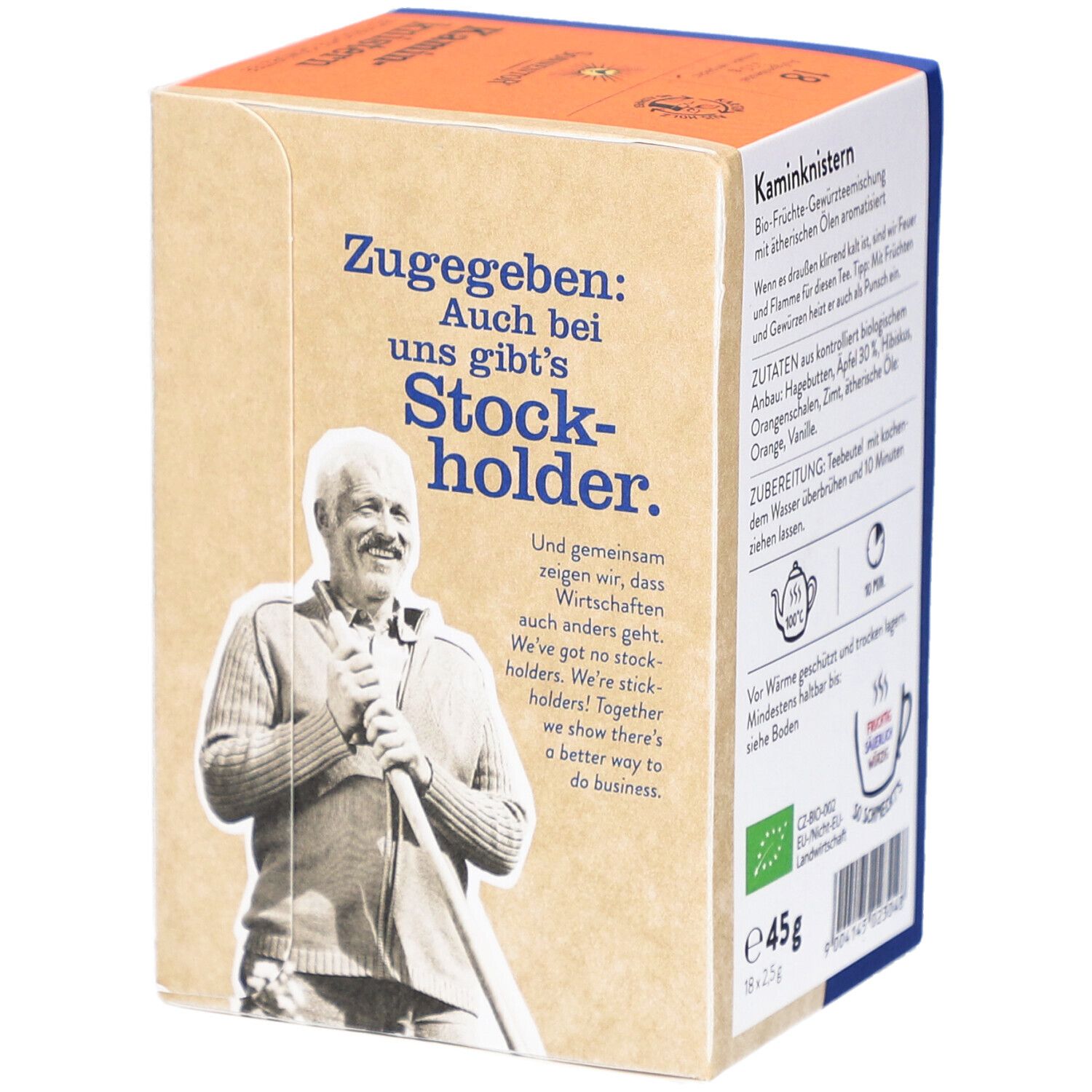 Seite der Teebox mit Text und einem Mann. Text: Zuggeben: Auch bei uns gibt's Stockholder.