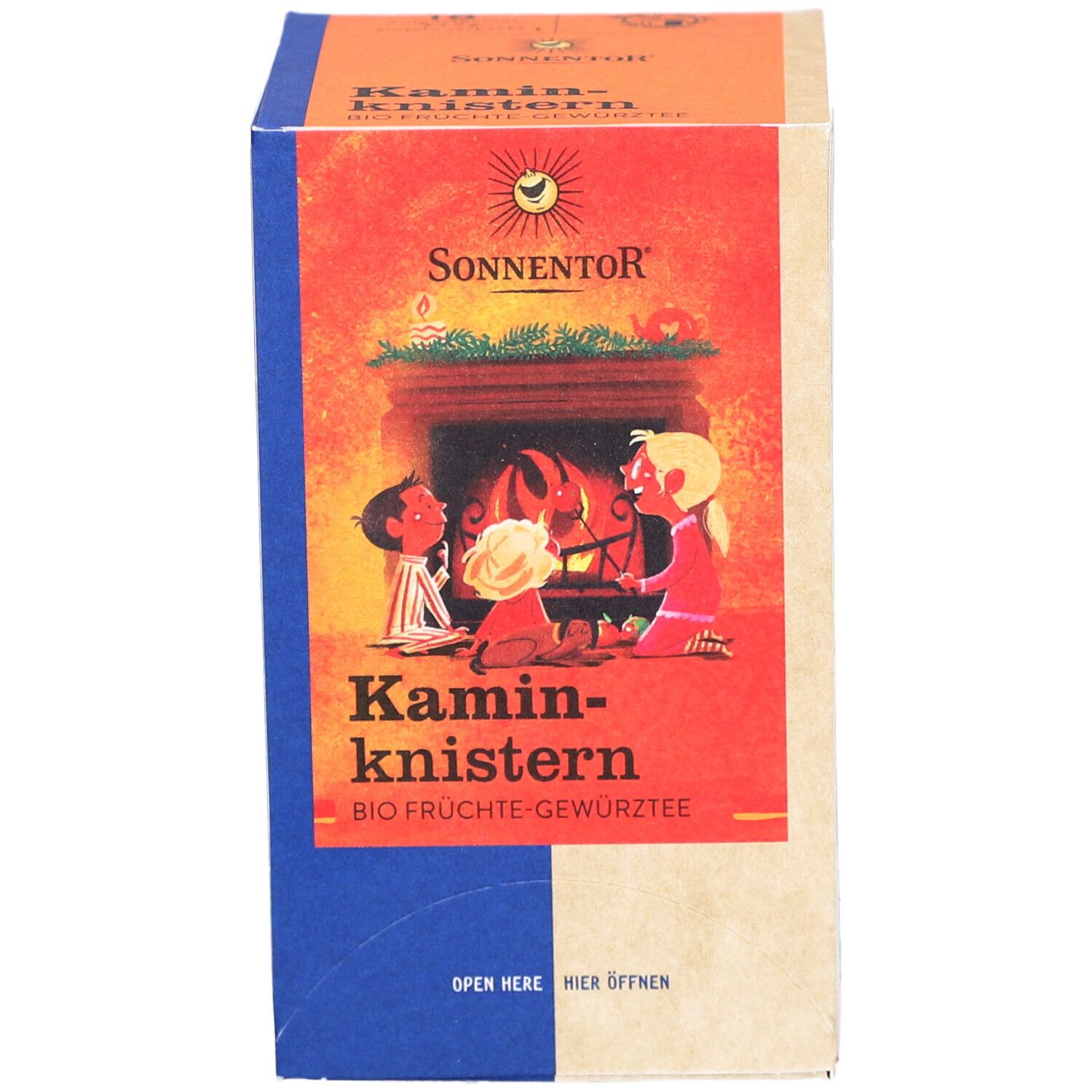 Vorderseite der Teebox. Sonnentor Logo und Kaminknistern. Kinder am Kaminfeuer. Bio Früchte-Gewürztee.