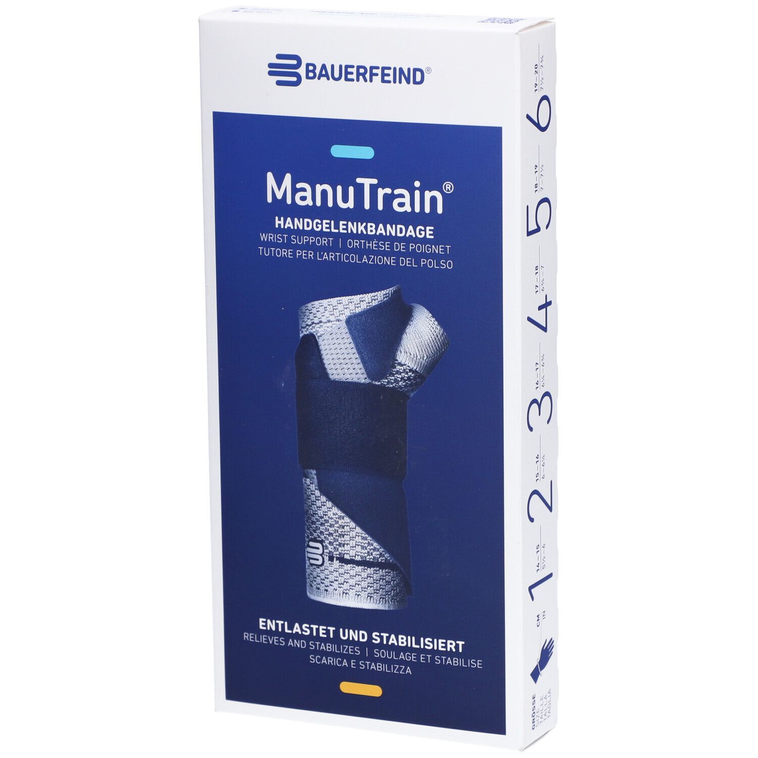 Verpackung der Handgelenkbandage ManuTrain von Bauerfeind. Blau-weißes Design mit Produktabbildung und Größenangaben.