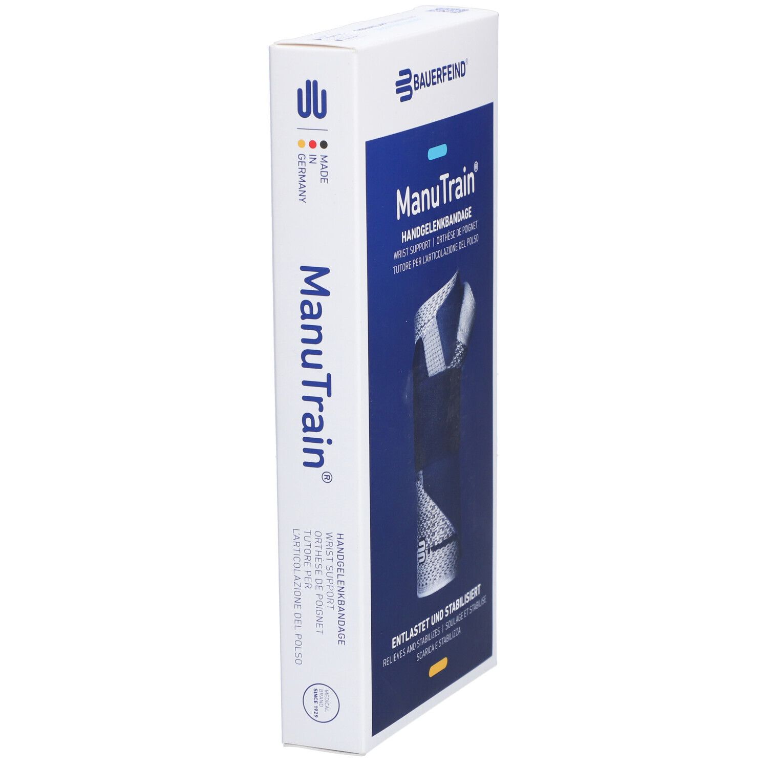 Schmale Verpackung der Handgelenkbandage ManuTrain. Logo Bauerfeind und Produktname. Hergestellt in Deutschland.