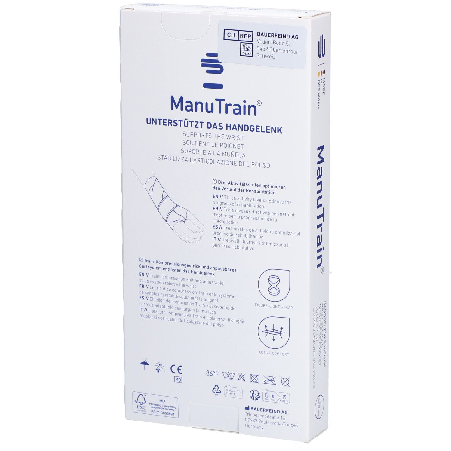 Rückseite der ManuTrain Handgelenkbandage Verpackung. Produktinformationen, CE-Kennzeichnung und Waschsymbole.