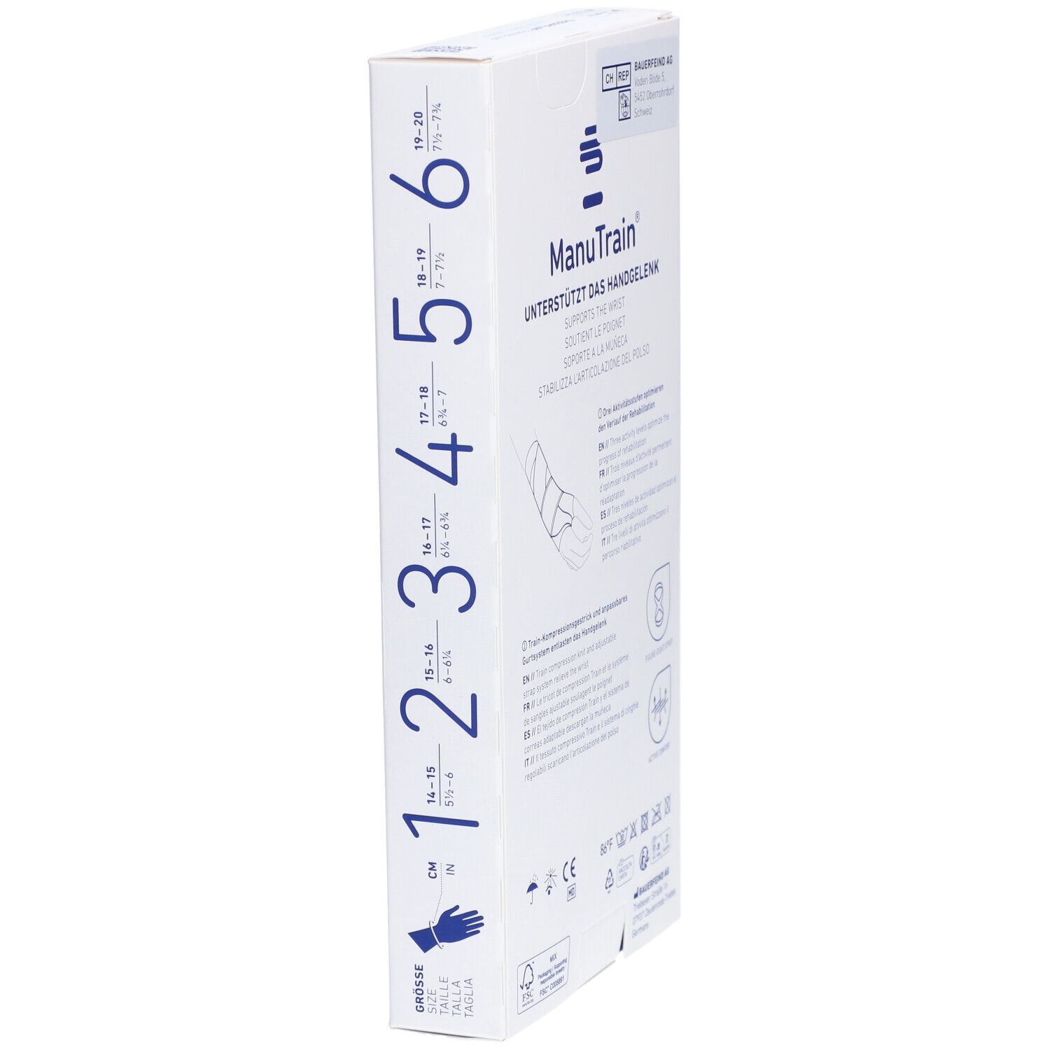 Verpackung der ManuTrain Handgelenkbandage. Größenangaben von 1 bis 6. CE-Kennzeichnung und Produktinformationen.