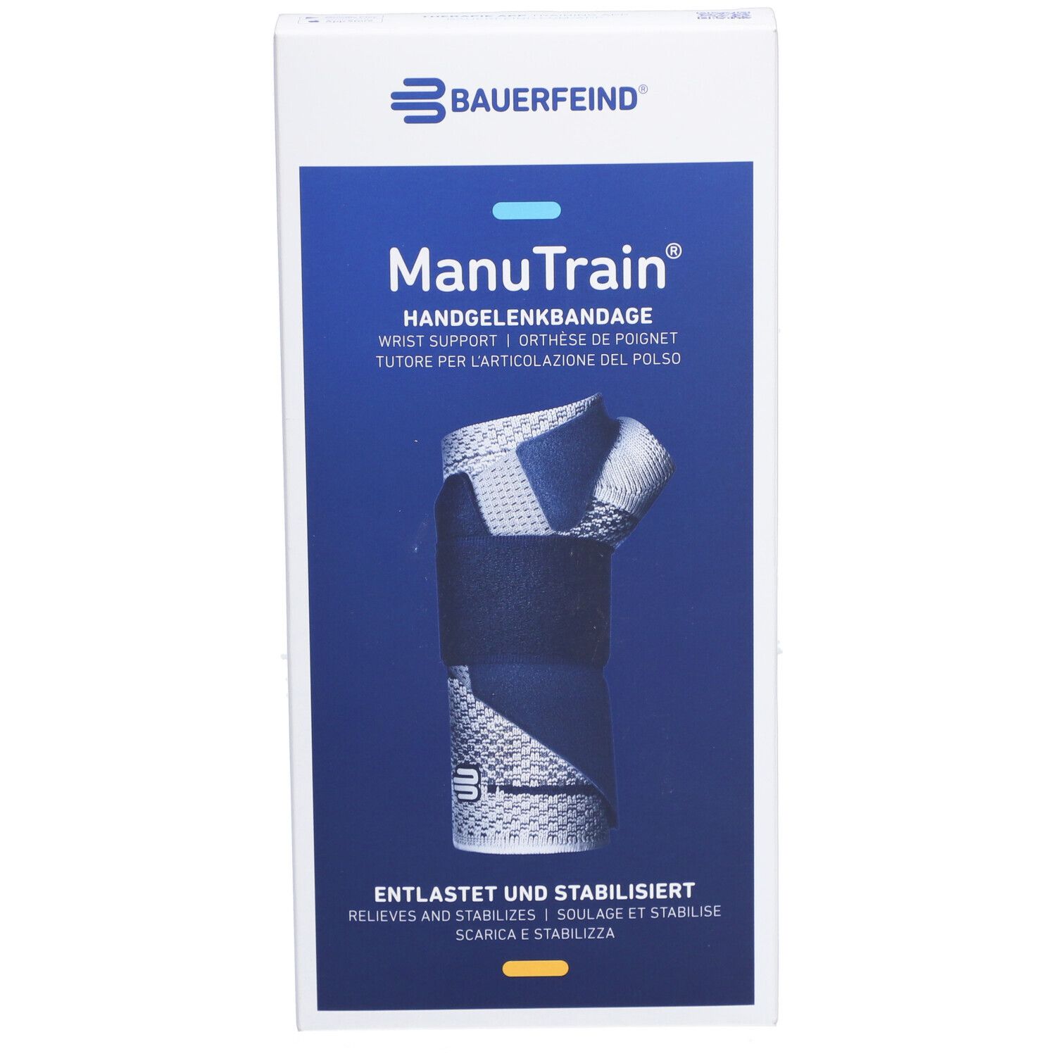 Vorderansicht der Verpackung der ManuTrain Handgelenkbandage. Produktname, Logo und Abbildung des Produkts.
