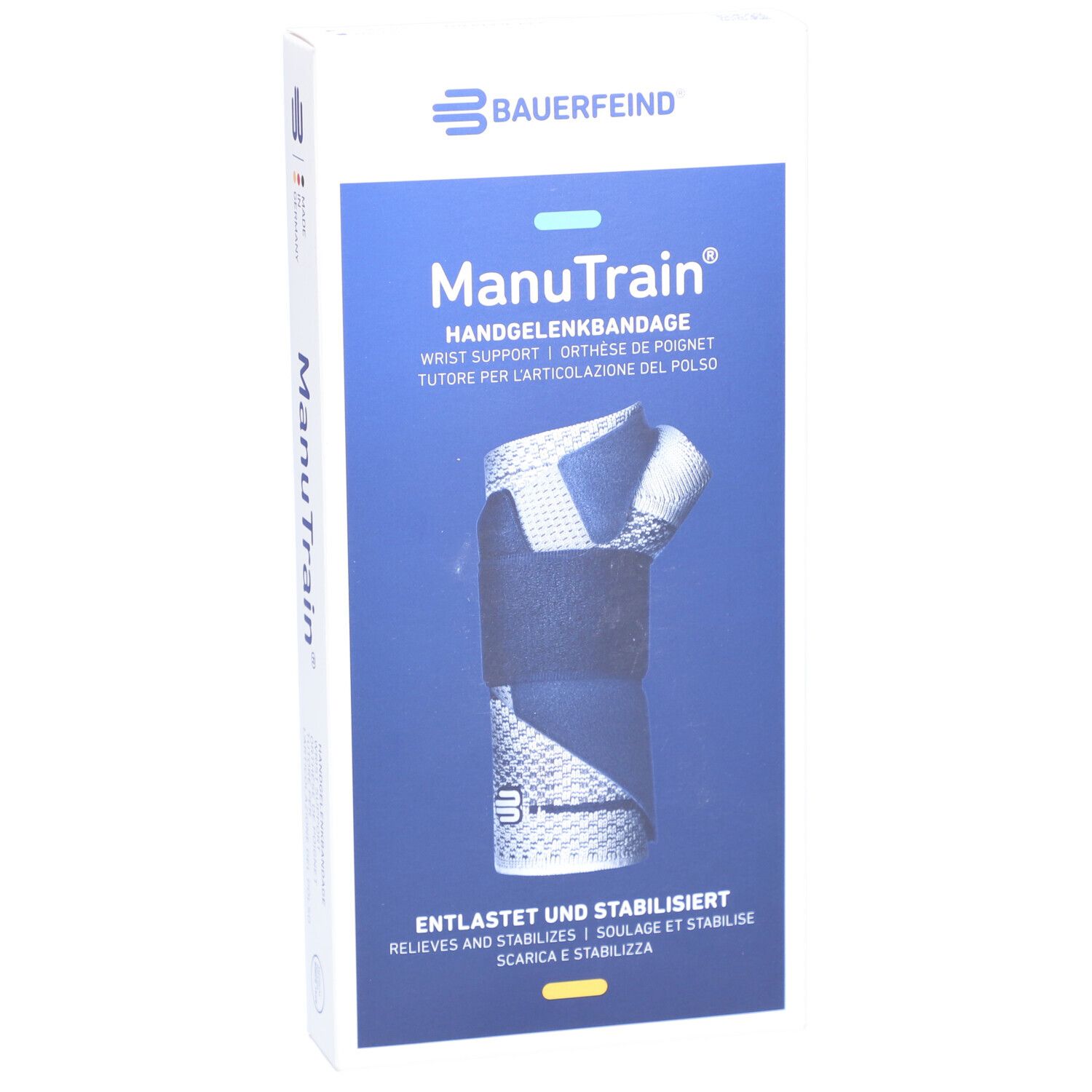 Vorderansicht der Verpackung der ManuTrain Handgelenkbandage. Produktname, Logo und Abbildung des Produkts.