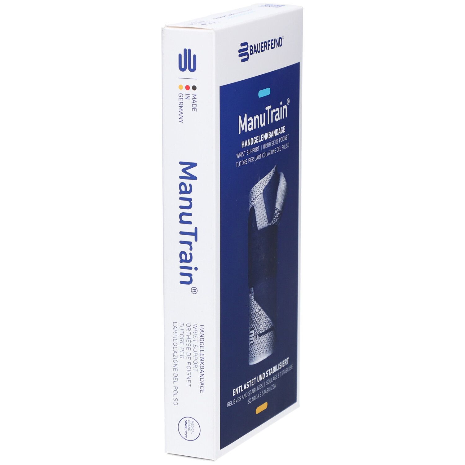 Seitenansicht der Verpackung der Handgelenkbandage ManuTrain. Produktname, Herstellerlogo und Herkunftsbezeichnung.