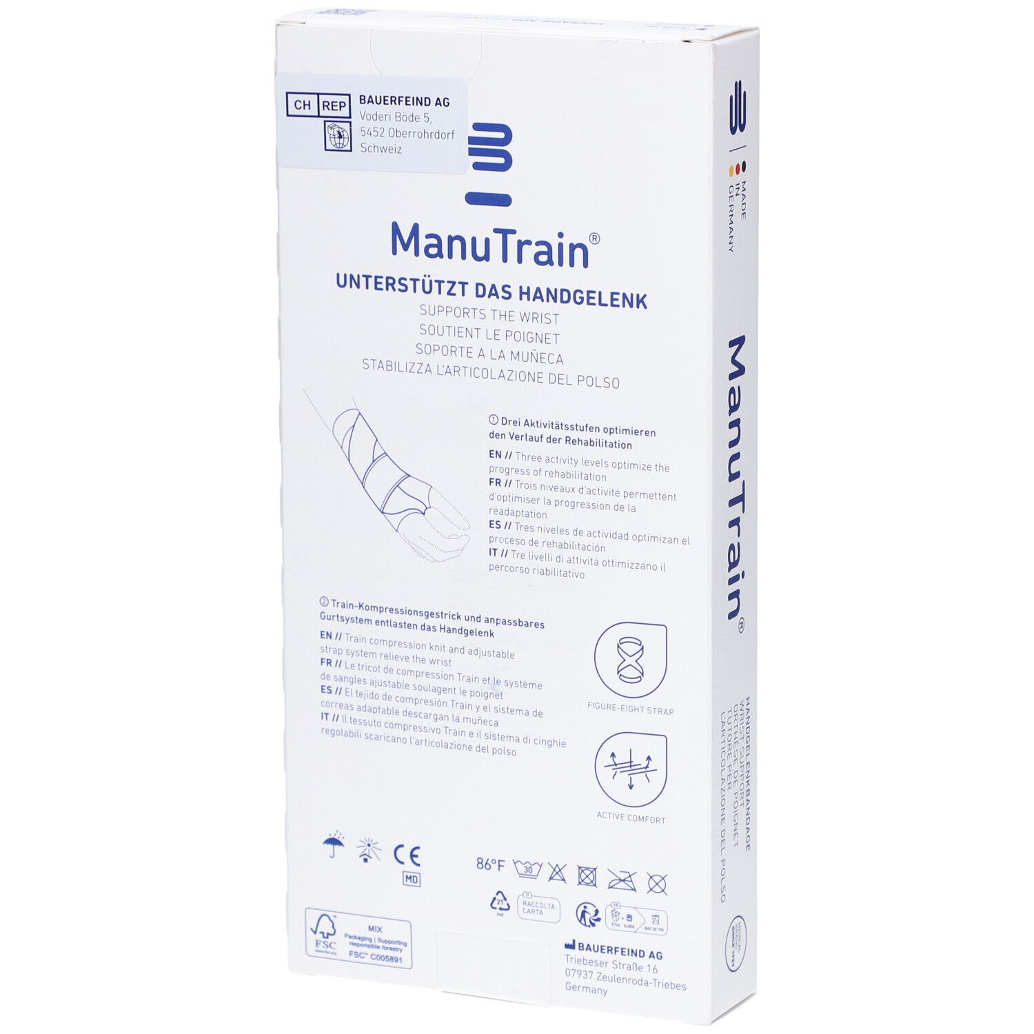 Rückseite der Verpackung der Handgelenkbandage ManuTrain. Produktinformationen, Herstellerlogo und Waschsymbole.