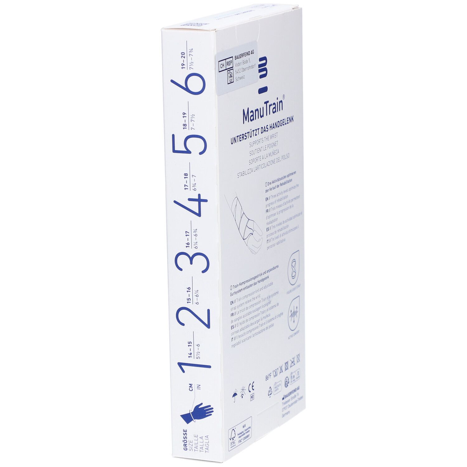 Seitenansicht der Verpackung der Handgelenkbandage ManuTrain. Größenangaben, Herstellerlogo und Produktbezeichnung.