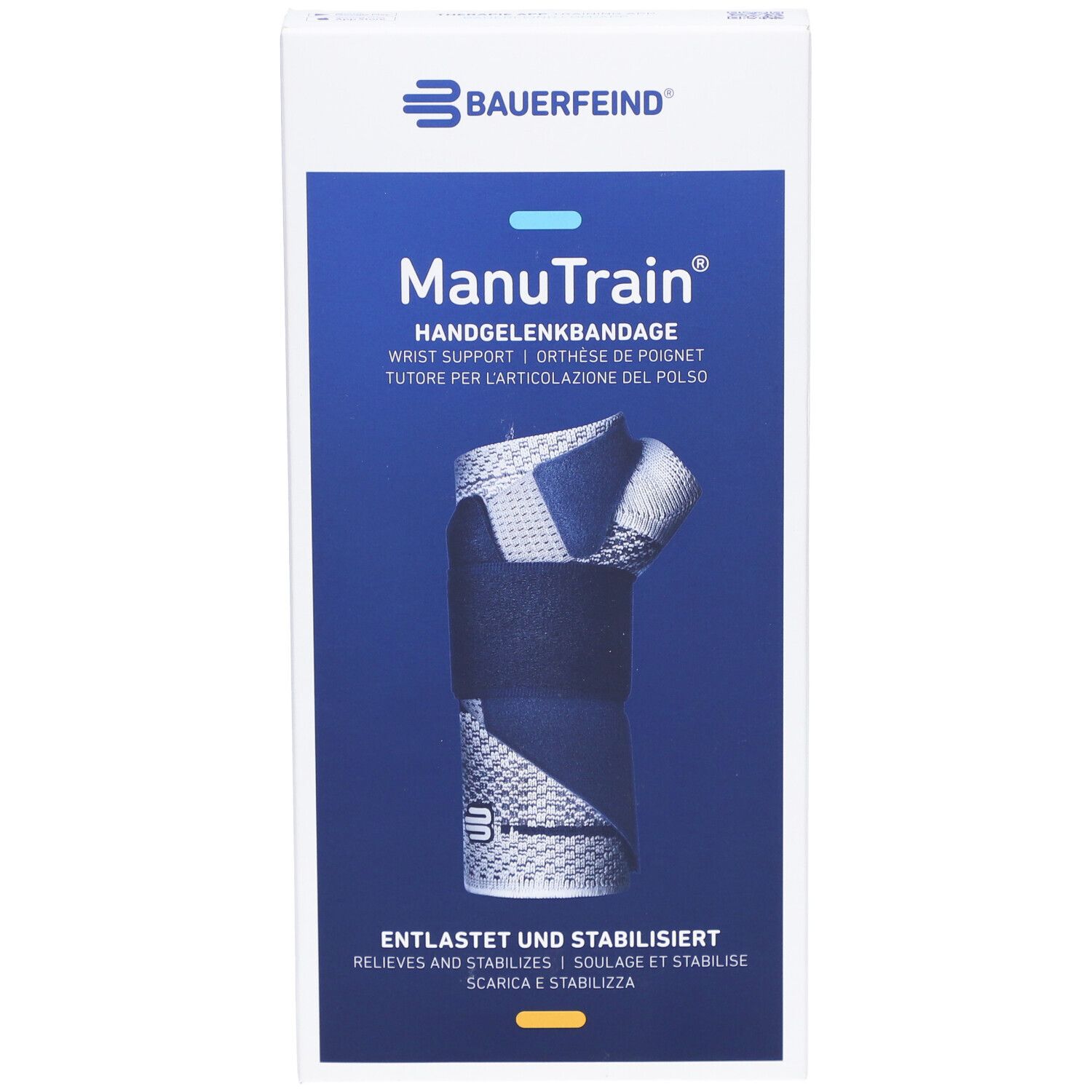 Vorderansicht der Verpackung der Handgelenkbandage ManuTrain. Produktabbildung, Größenangabe und Produktbezeichnung.