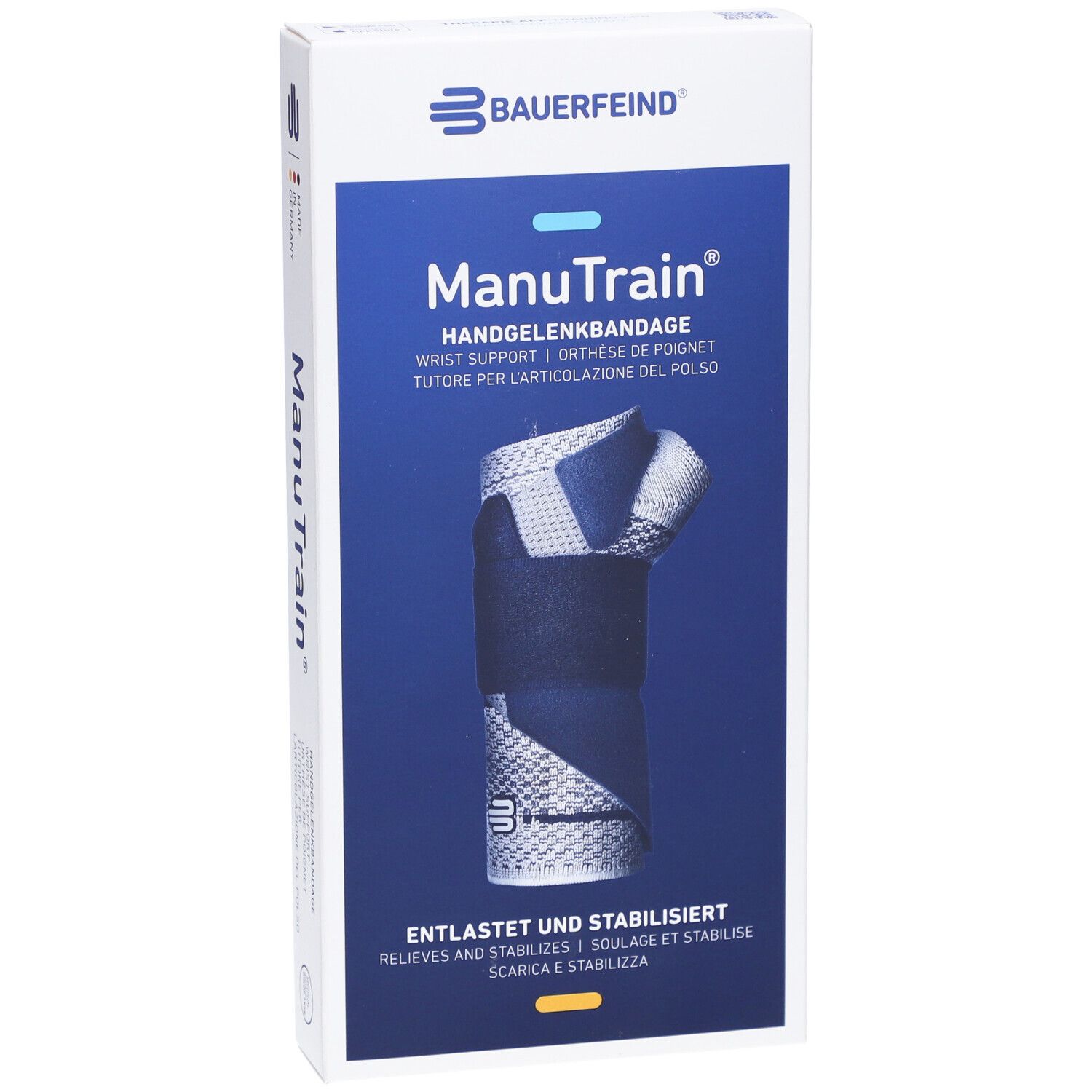 Vorderansicht der Verpackung der Handgelenkbandage ManuTrain. Produktabbildung, Größenangabe und Produktbezeichnung.