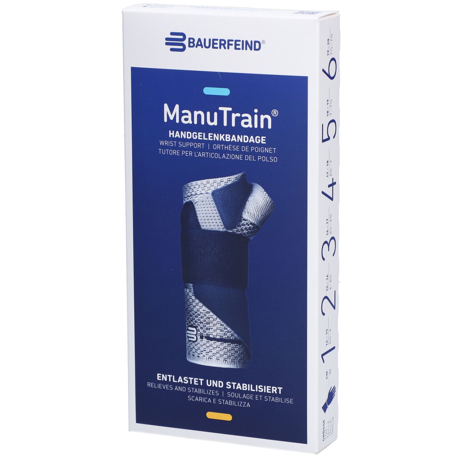 Bauerfeind ManuTrain Handgelenkbandage in Verpackung. Größenangabe 1-6. Produktabbildung auf blauem Hintergrund.