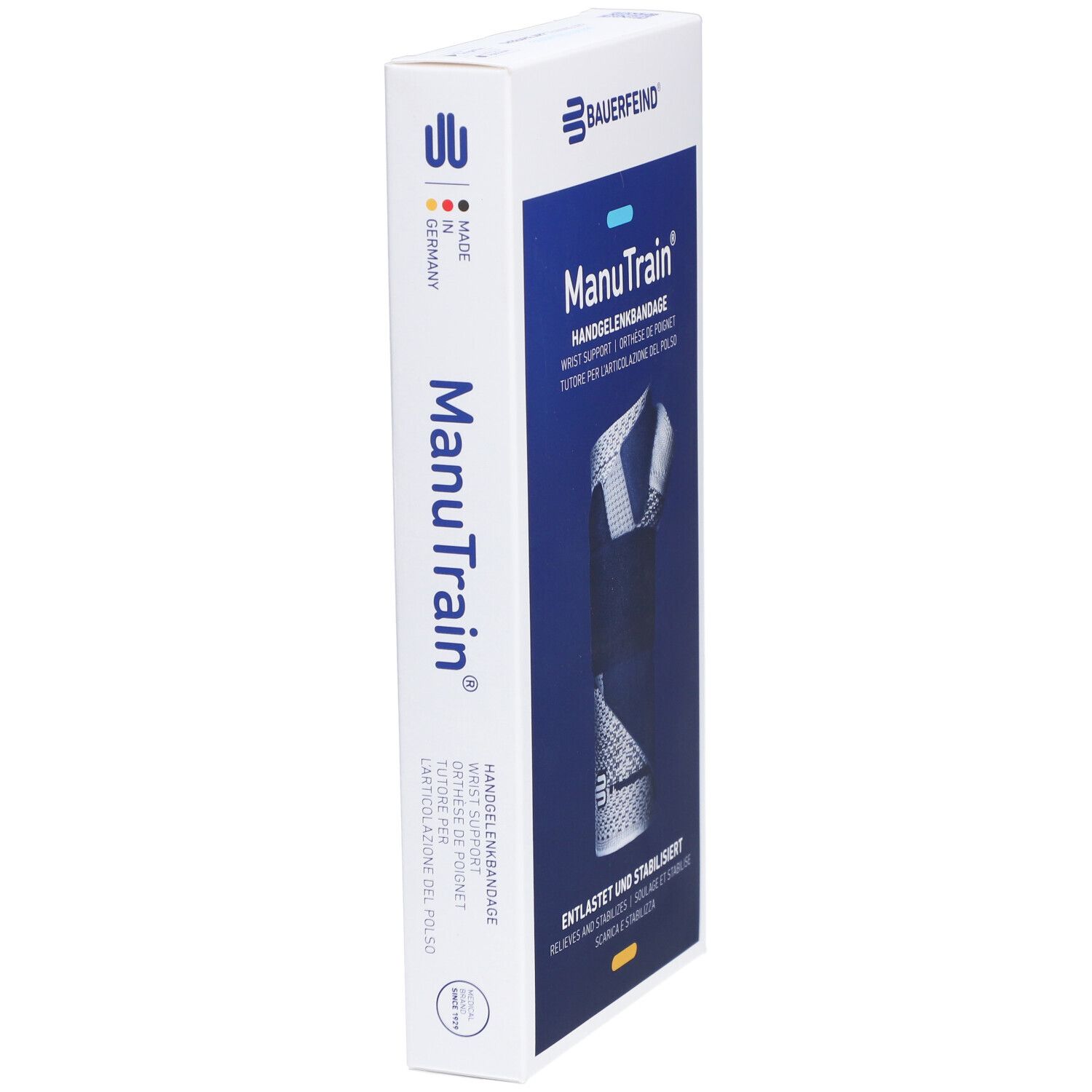 Verpackung der ManuTrain Handgelenkbandage. Seitenansicht mit Produktnamen und Herstellerlogo. Hergestellt in Deutschland.