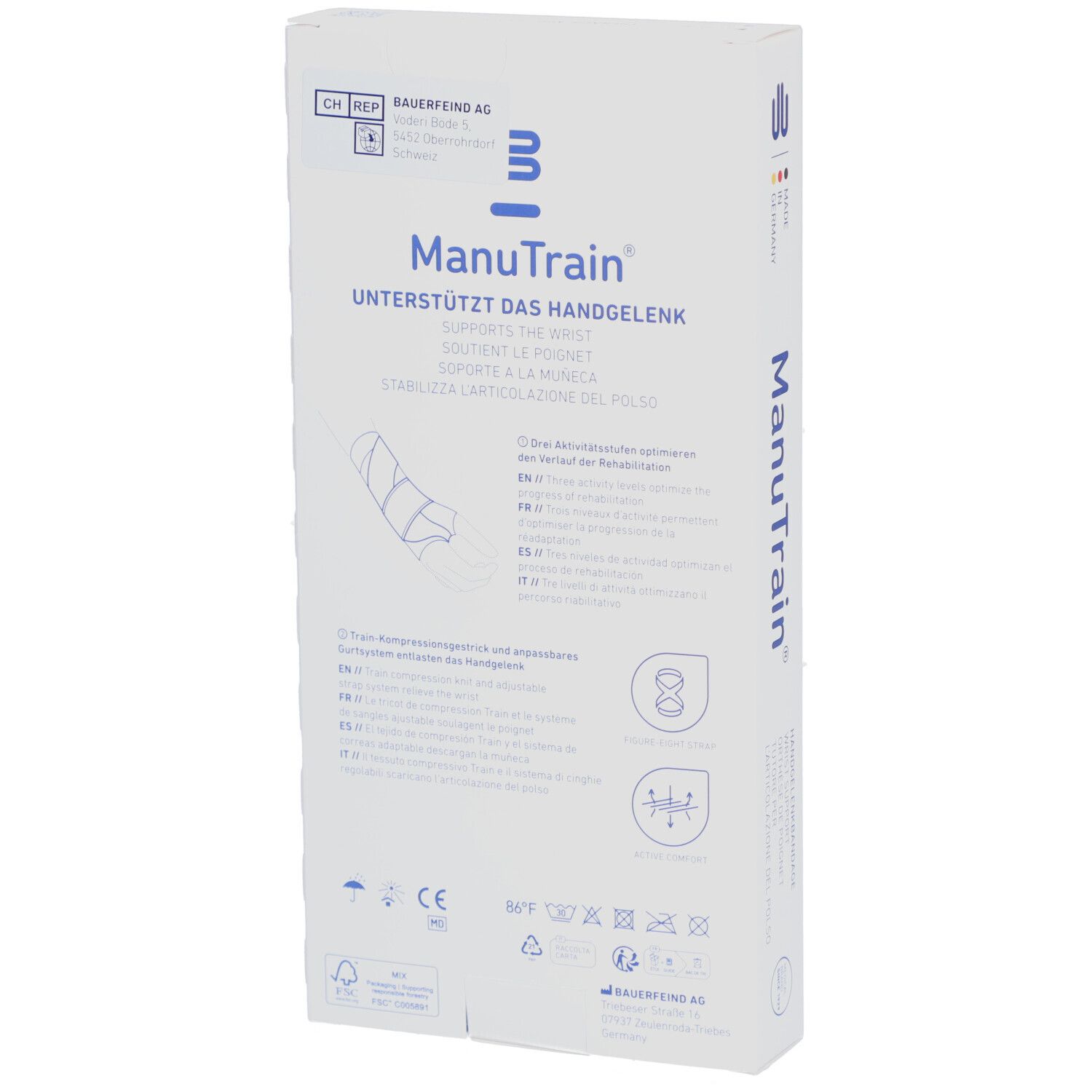 Rückseite der ManuTrain Handgelenkbandage Verpackung. Produktinformationen und Logos. Waschsymbole und CE-Kennzeichnung.