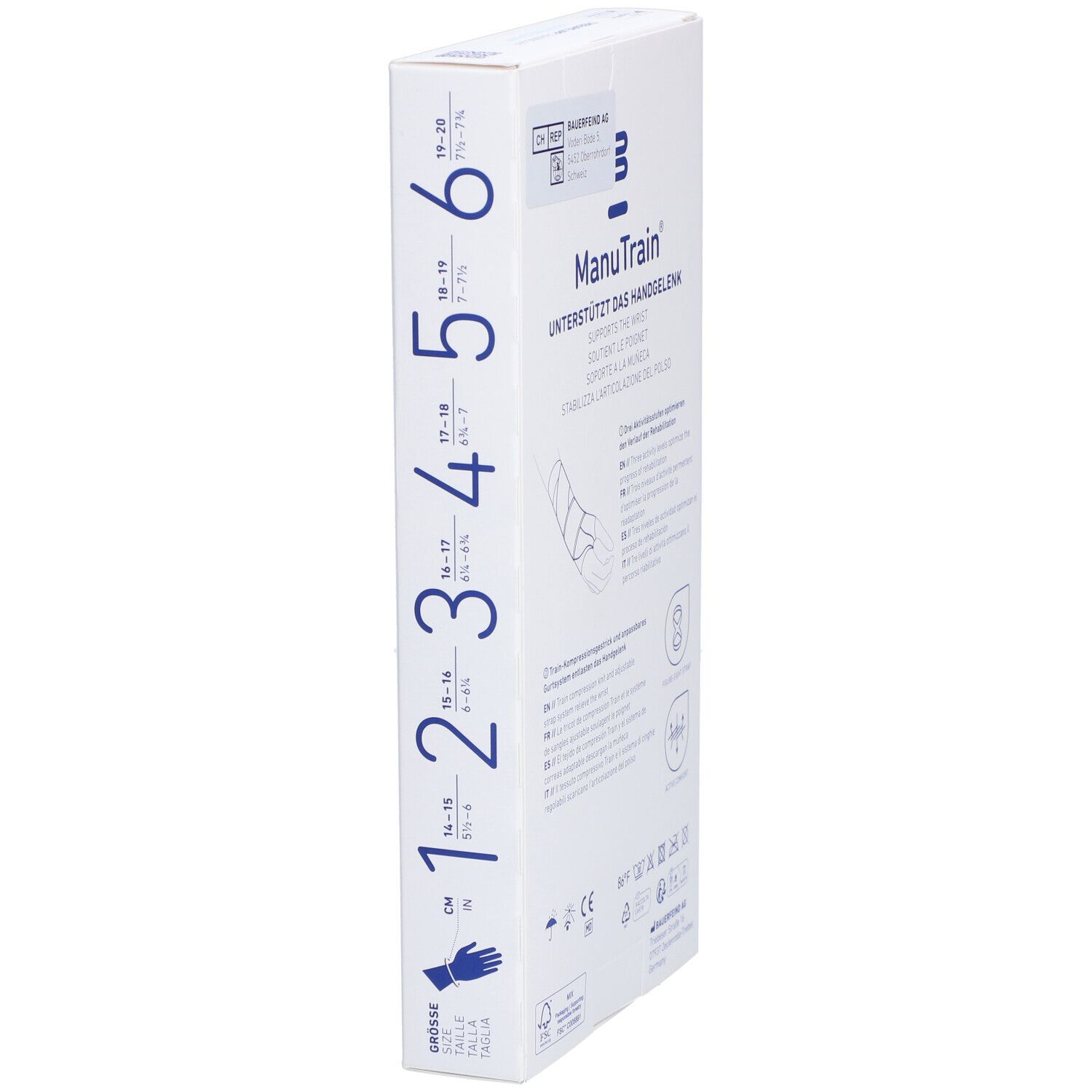 Seitenansicht der ManuTrain Handgelenkbandage Verpackung. Größenangaben 1-6. Produktname und Herstellerlogo.