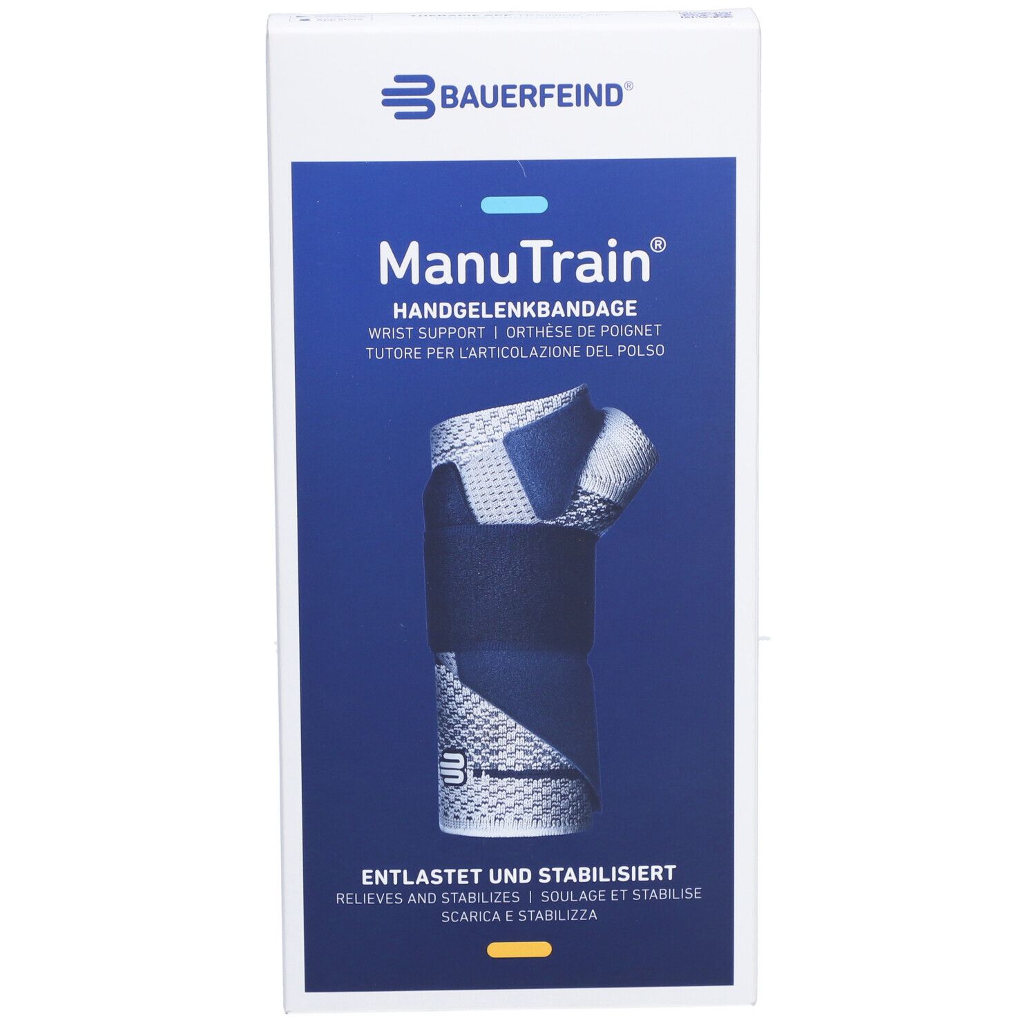 Bauerfeind ManuTrain Handgelenkbandage in Verpackung. Produktabbildung auf blauem Hintergrund. Größenangabe 1-6.