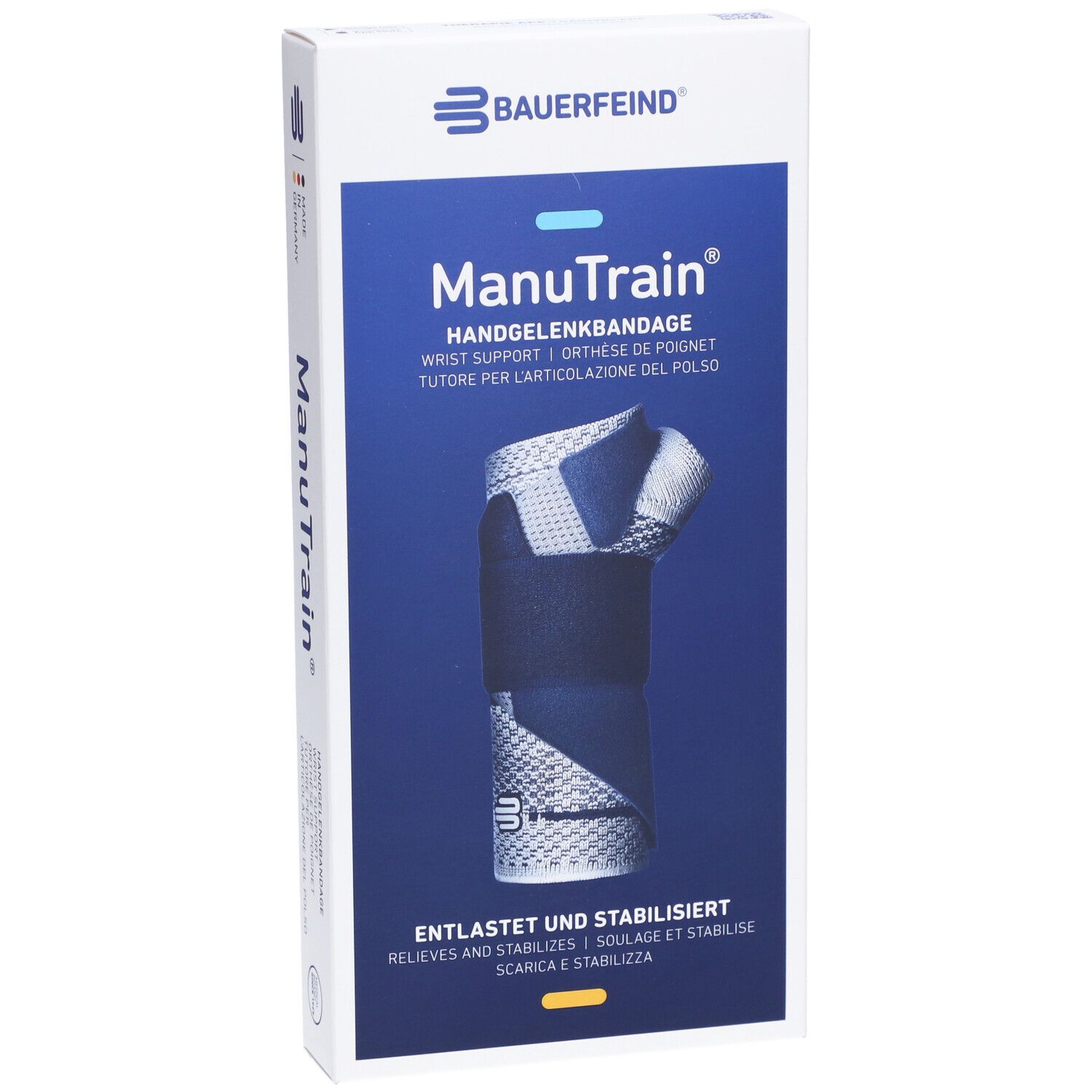 Bauerfeind ManuTrain Handgelenkbandage in Verpackung. Produktabbildung auf blauem Hintergrund. Größenangabe 1-6.
