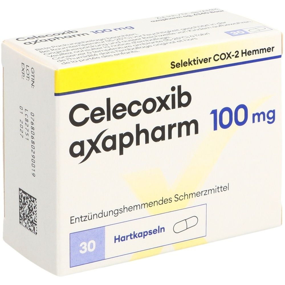 Boîte de Celecoxib axapharm 100 mg. Inscription: Inhibiteur sélectif de la COX-2, Antalgique anti-inflammatoire. 30 gélules.