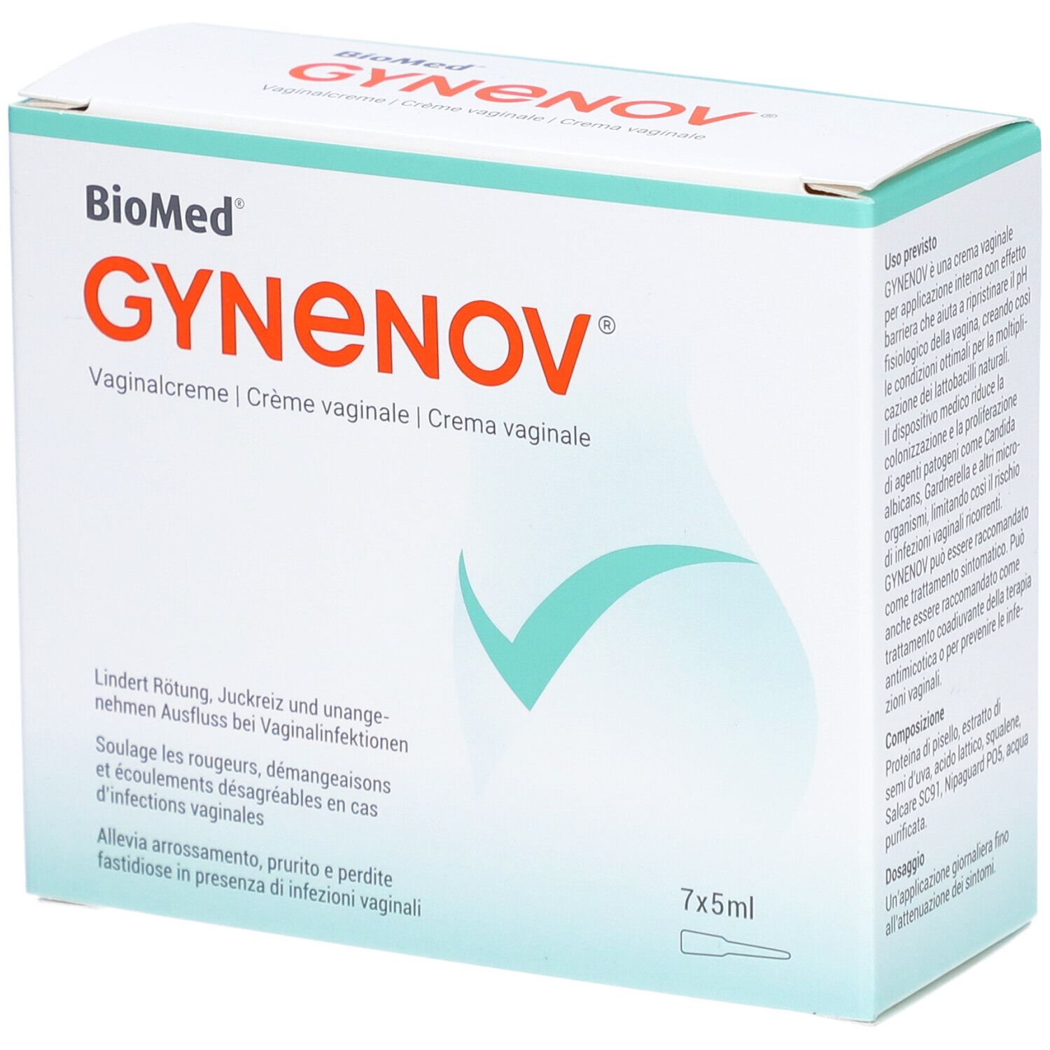 GYNENOV® Vaginalcreme-Packung. Enthält 7x5ml. Text: Lindert Rötung, Juckreiz und unangenehmen Ausfluss bei Vaginalinfektionen.