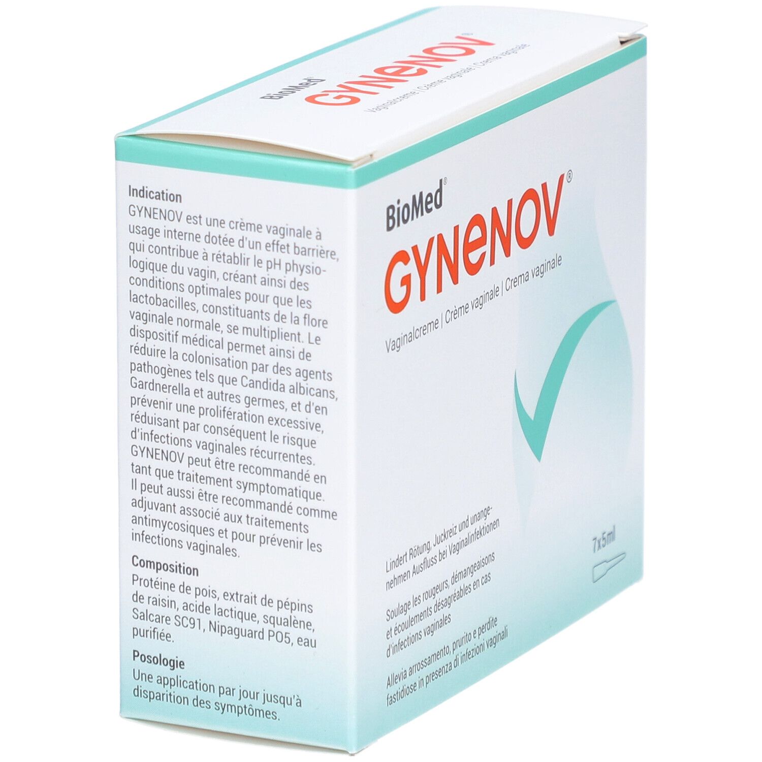 GYNENOV®-Packung, Seitenansicht. Text: GYNENOV ist eine Vaginalcreme mit pH-Wert-Wiederherstellung. Enthält Inhaltsstoffe wie Erbsenprotein.