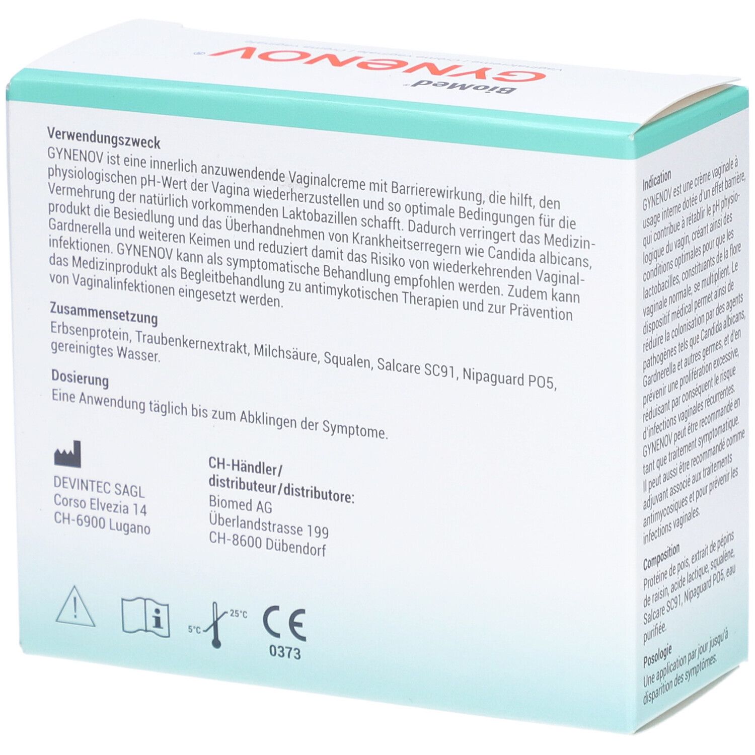 Rückseite der GYNENOV®-Packung. Text: GYNENOV ist eine Vaginalcreme mit Barrierewirkung. Enthält Inhaltsstoffe wie Erbsenprotein, Milchsäure.