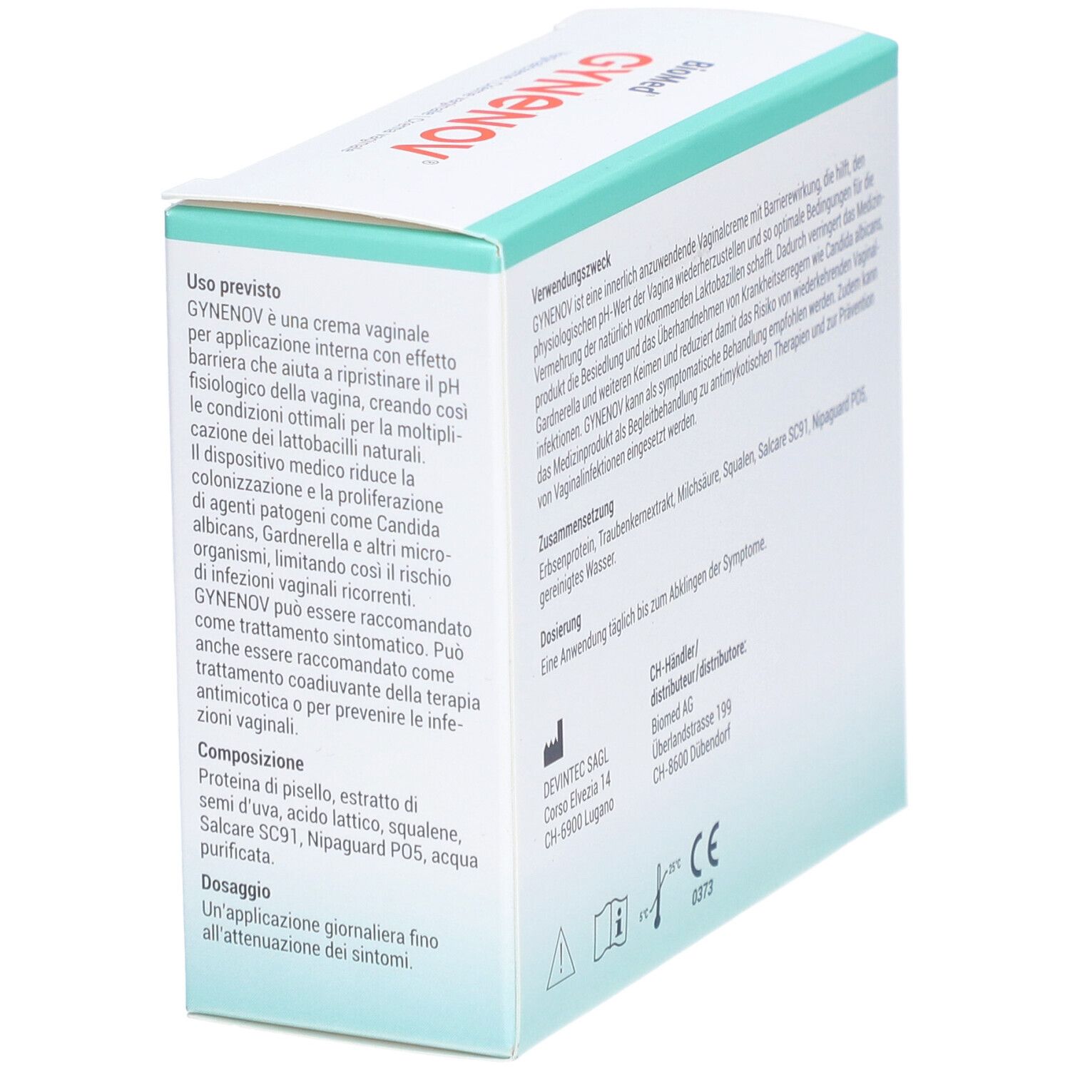 Seitenansicht der GYNENOV®-Packung. Text: GYNENOV ist eine Vaginalcreme mit pH-Wert-Wiederherstellung. Enthält Inhaltsstoffe wie Erbsenprotein.