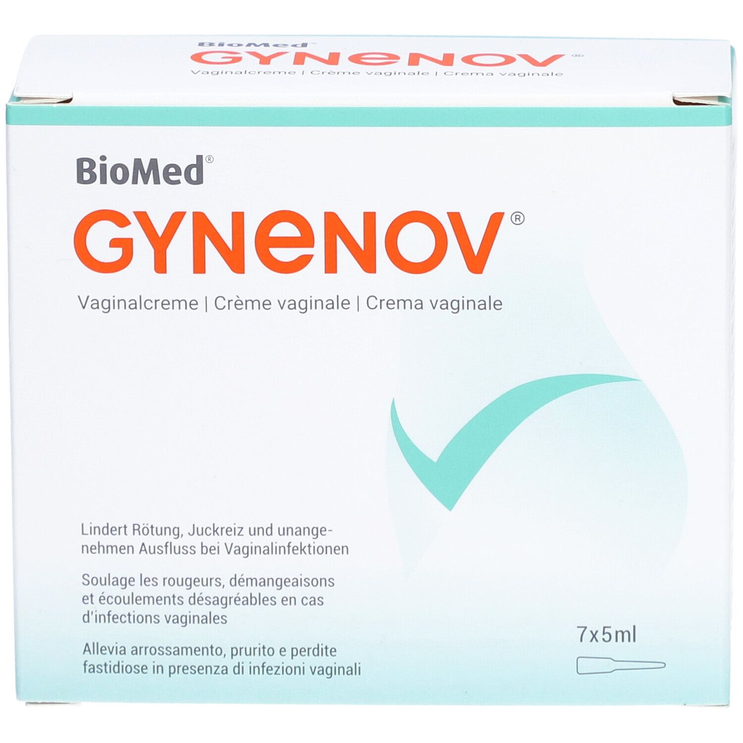 GYNENOV®-Packung. Enthält 7x5ml. Text: Lindert Rötung, Juckreiz und unangenehmen Ausfluss bei Vaginalinfektionen.