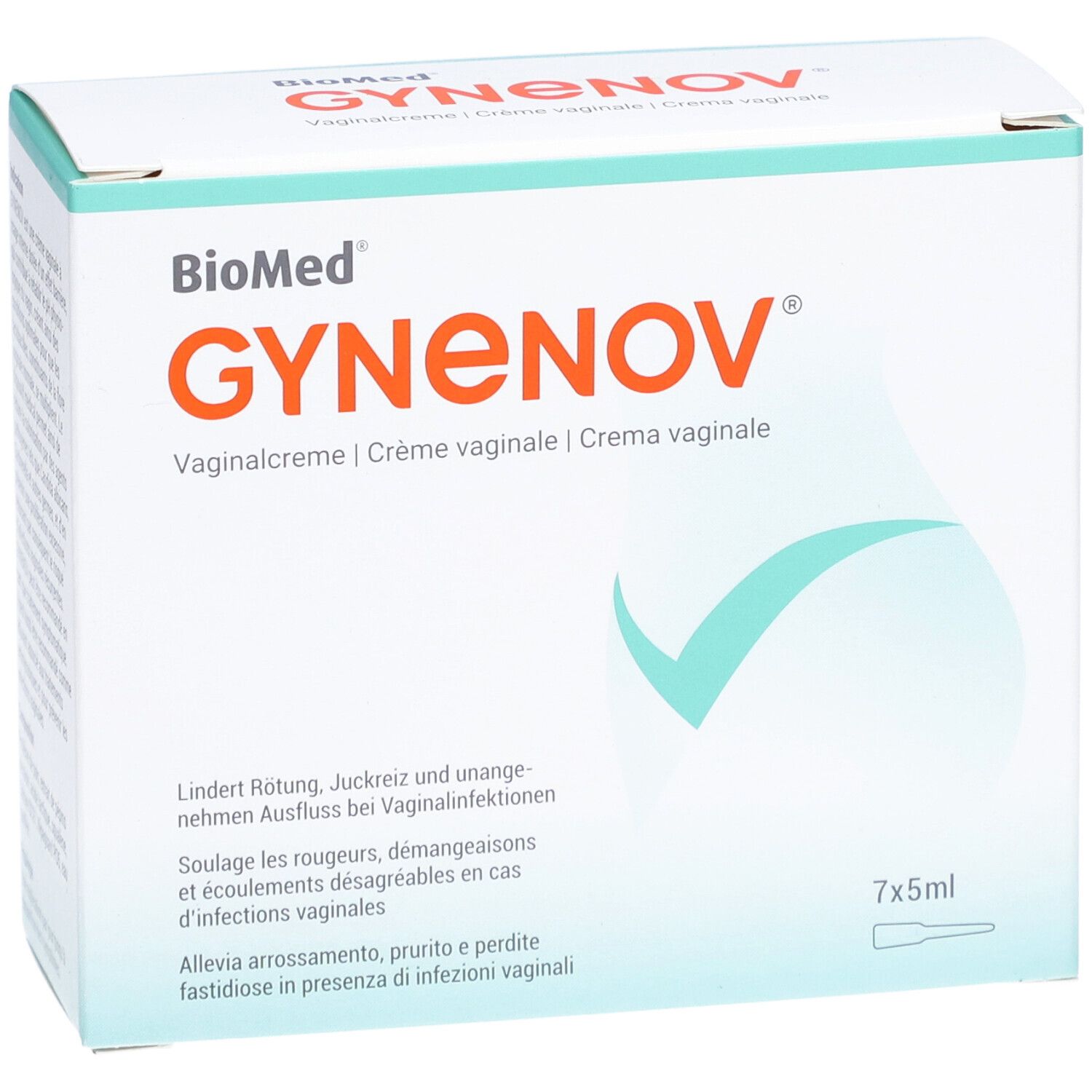 GYNENOV®-Packung. Enthält 7x5ml. Text: Lindert Rötung, Juckreiz und unangenehmen Ausfluss bei Vaginalinfektionen.