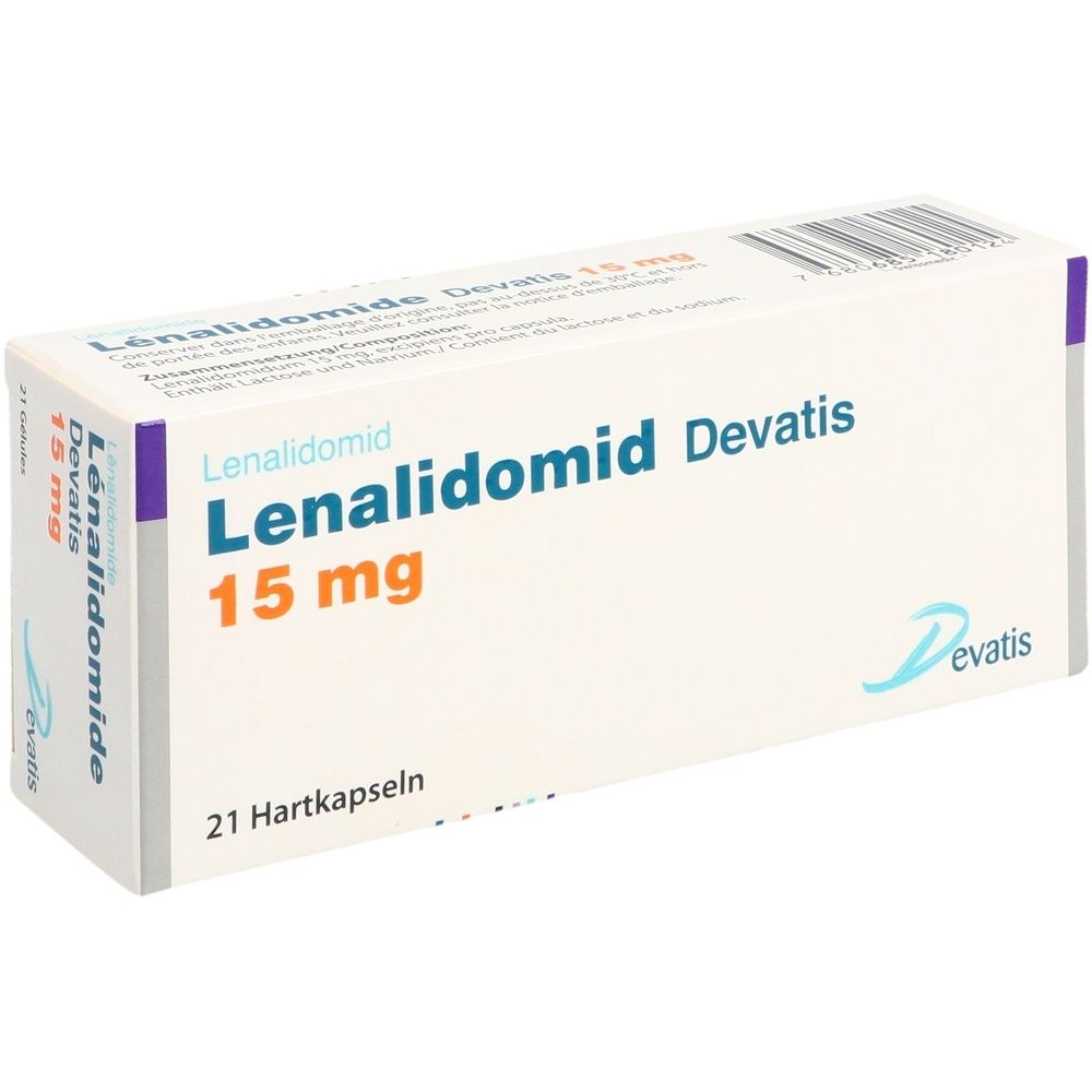 Weiße Schachtel mit Aufschrift "Lenalidomid Devatis 15 mg". Enthält 21 Hartkapseln. Logo von Devatis.