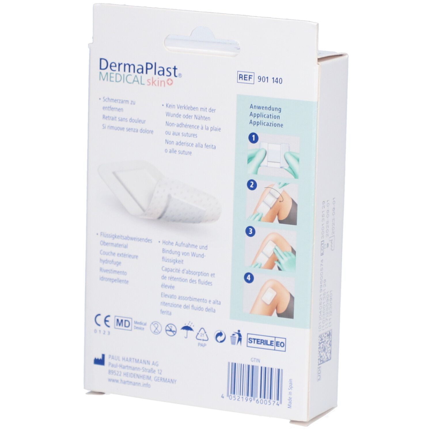 Rückseite der Verpackung von Dermaplast® Medical skin+ Vliespflaster. Anwendungshinweise und Produktinformationen sind abgebildet.