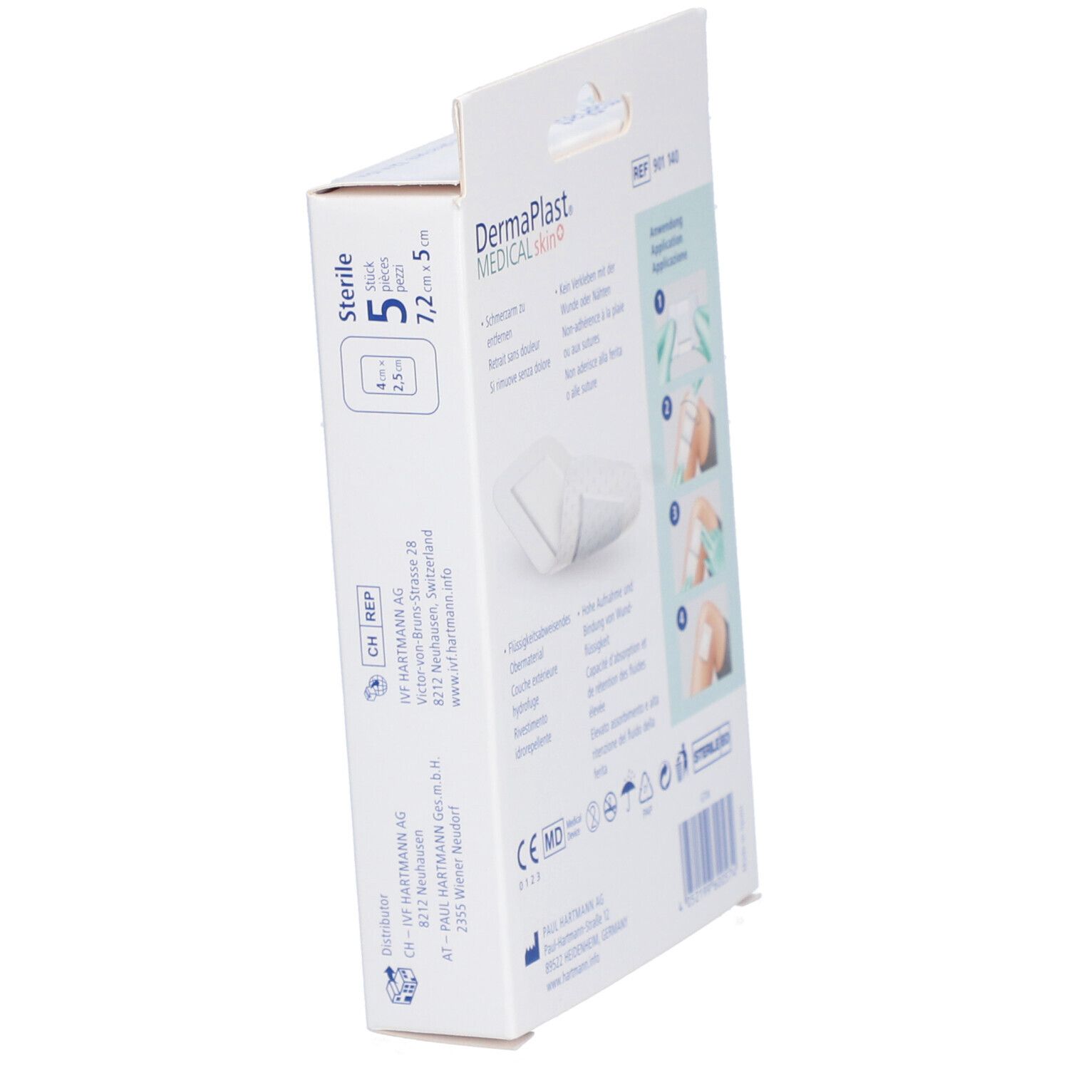 Seitenansicht der Verpackung von Dermaplast® Medical skin+ Vliespflaster. Anwendungshinweise sind abgebildet.