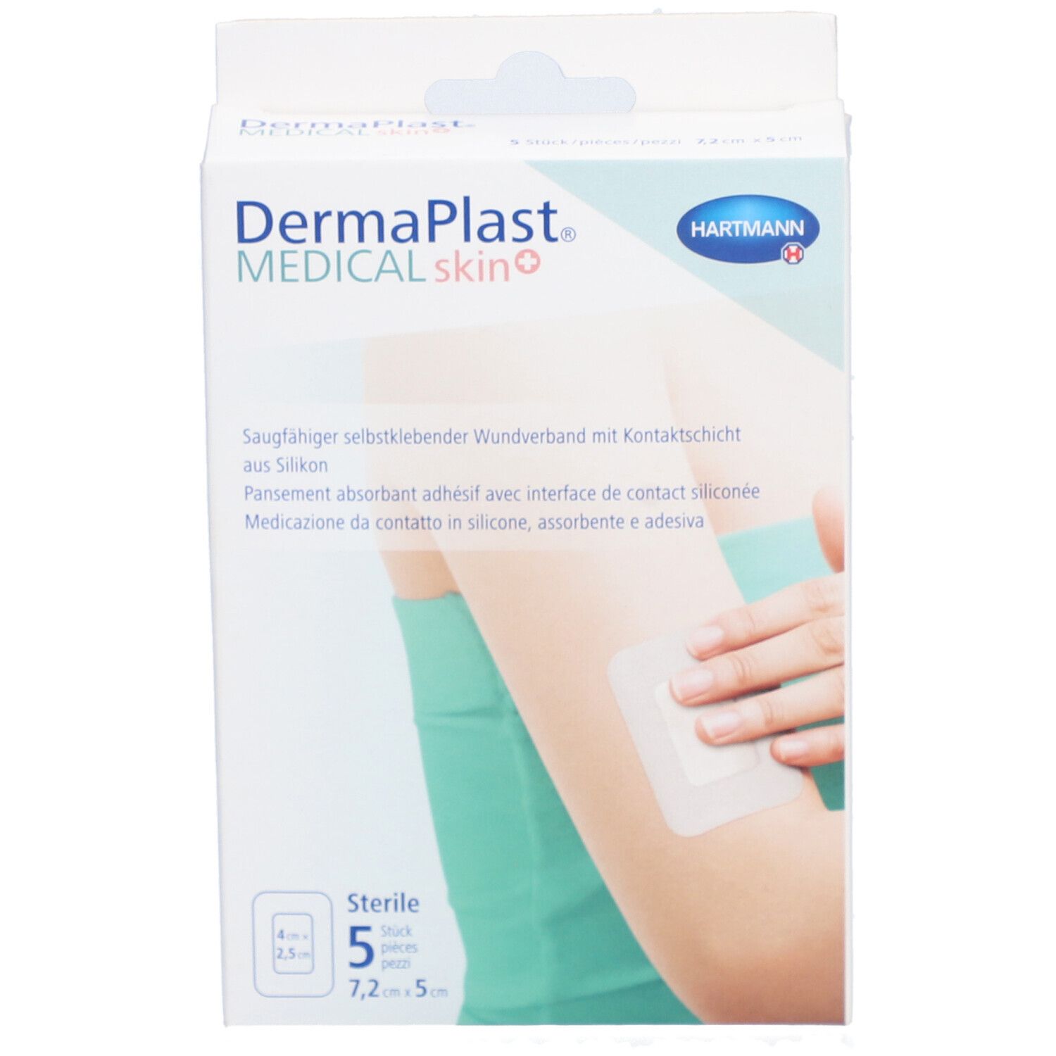 Verpackung von Dermaplast® Medical skin+ Vliespflaster. 5 Stück, 7,2 x 5 cm. Auf der Verpackung ist ein Pflaster auf einem Arm abgebildet.