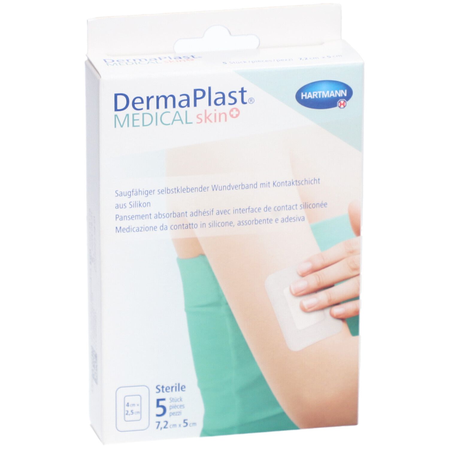 Verpackung von Dermaplast® Medical skin+ Vliespflaster. 5 Stück, 7,2 x 5 cm. Auf der Verpackung ist ein Pflaster auf einem Arm abgebildet.
